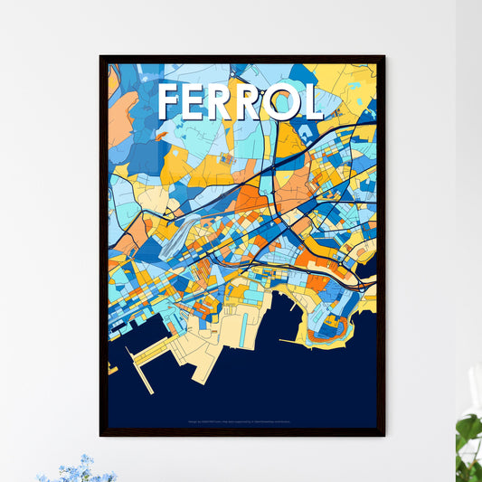 FERROL SPAIN Vibrant Colorful Art Map Poster Blue Orange