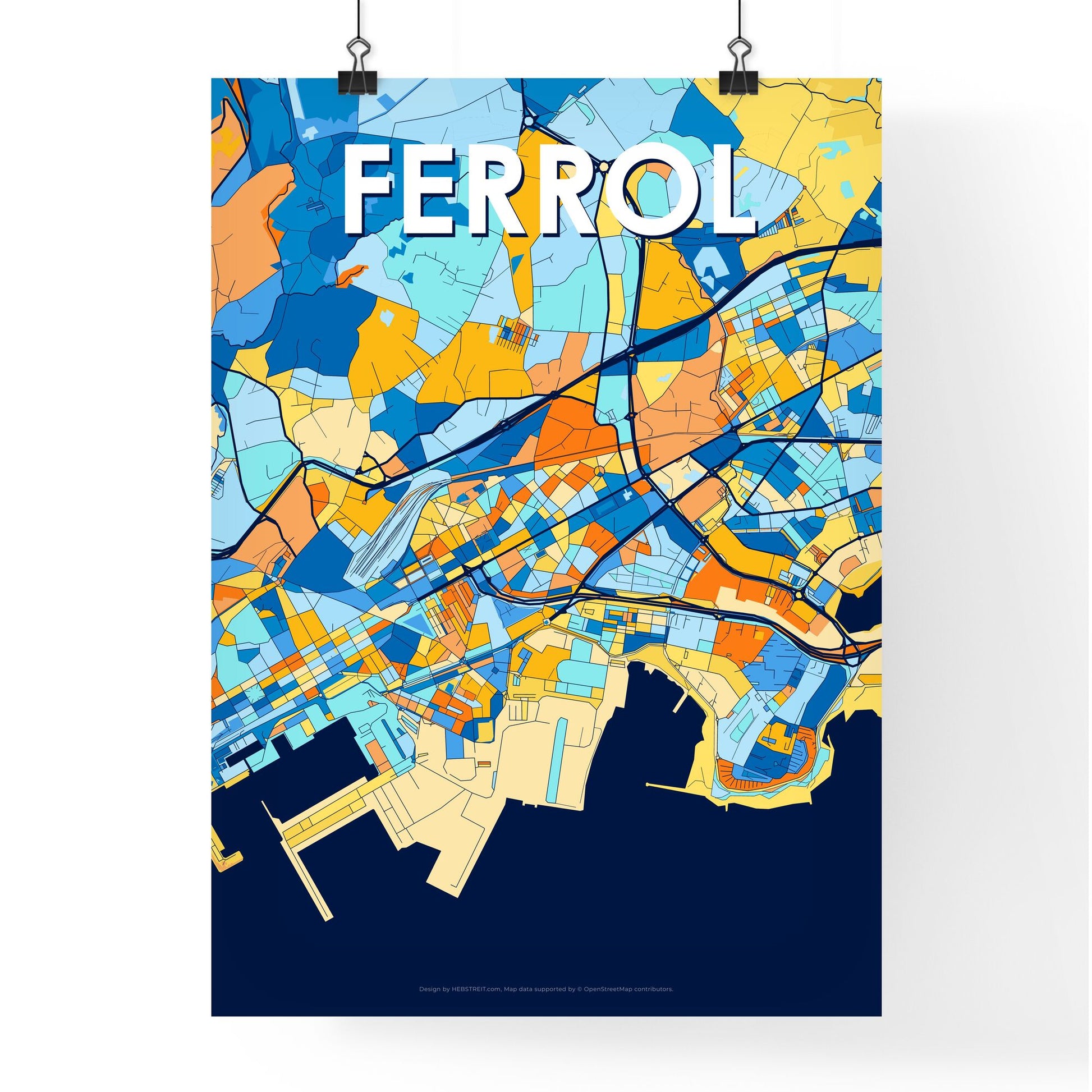 FERROL SPAIN Vibrant Colorful Art Map Poster Blue Orange