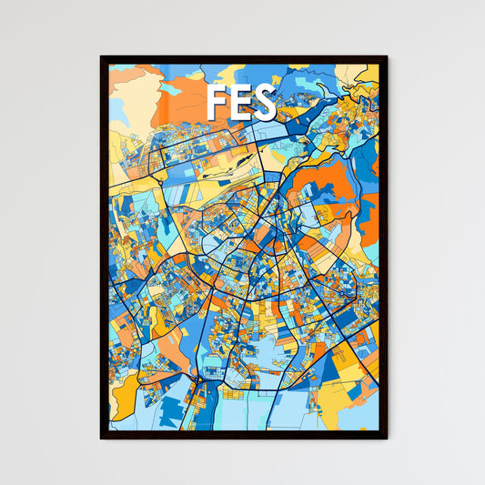 FES MOROCCO Vibrant Colorful Art Map Poster Blue Orange