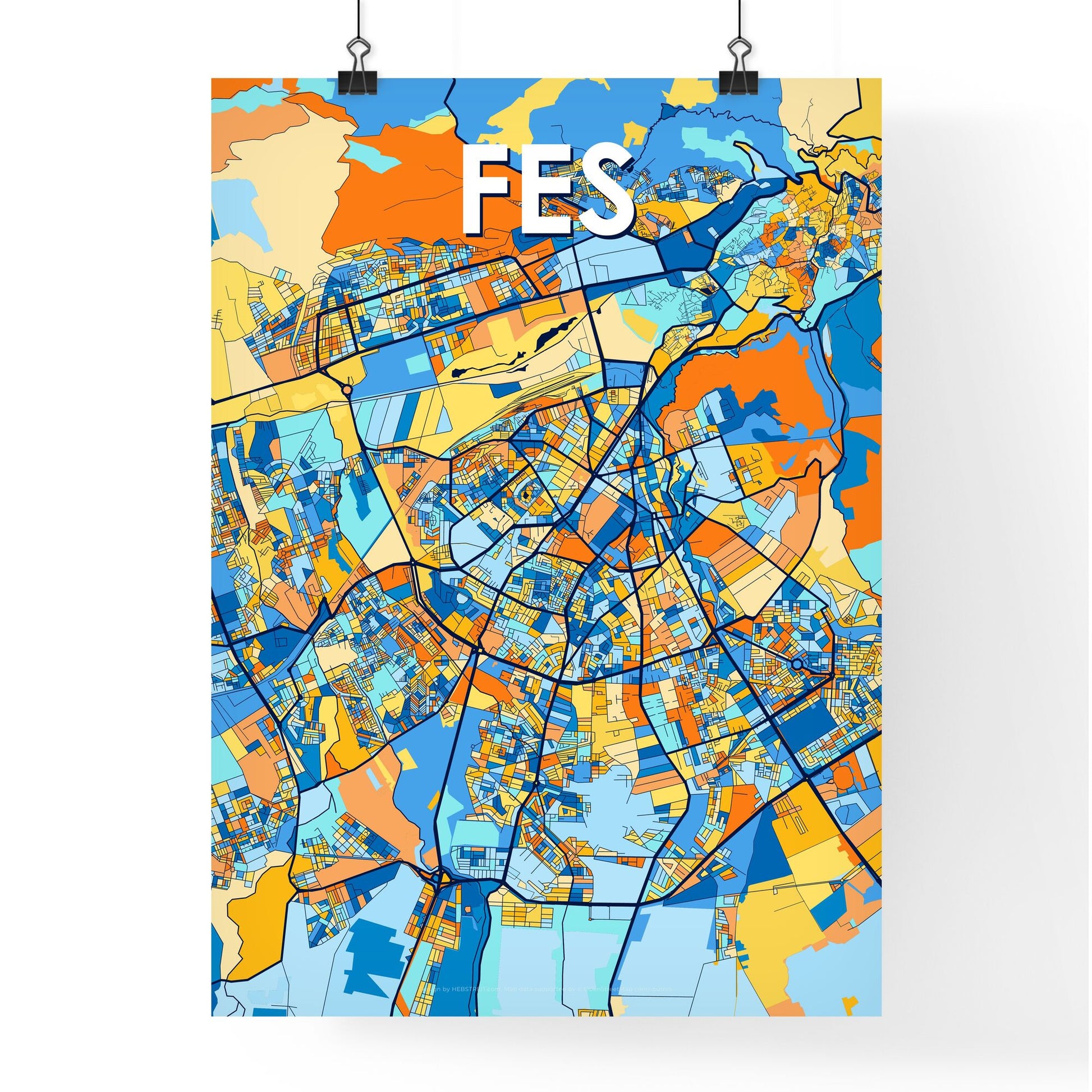 FES MOROCCO Vibrant Colorful Art Map Poster Blue Orange