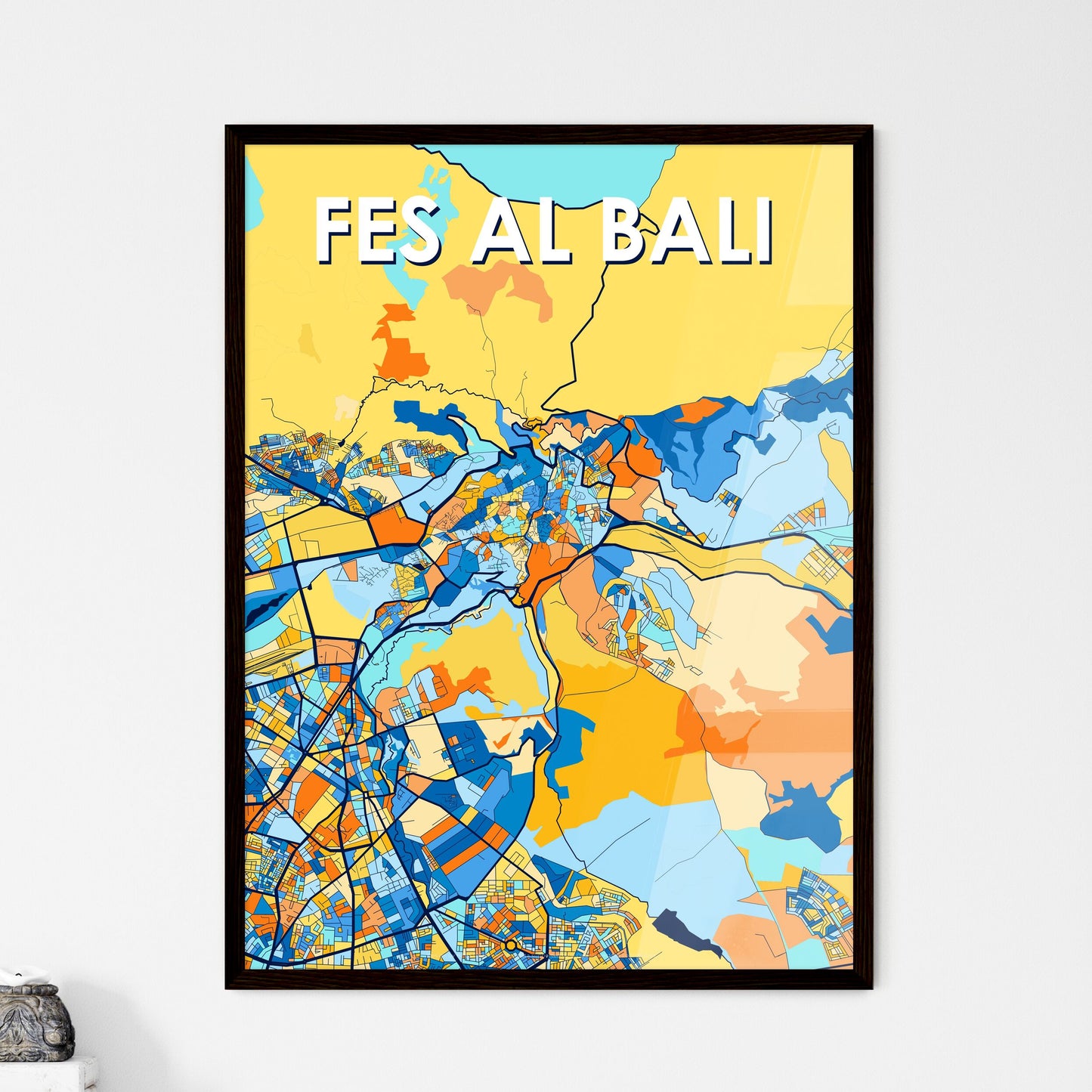 FES AL BALI MOROCCO Vibrant Colorful Art Map Poster Blue Orange