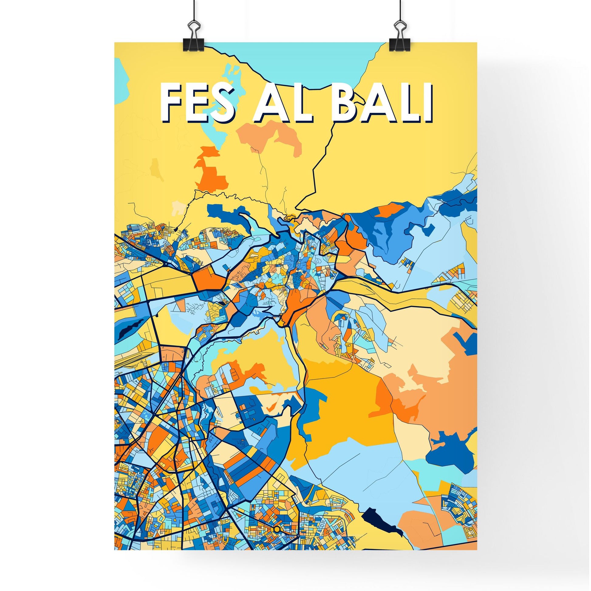 FES AL BALI MOROCCO Vibrant Colorful Art Map Poster Blue Orange