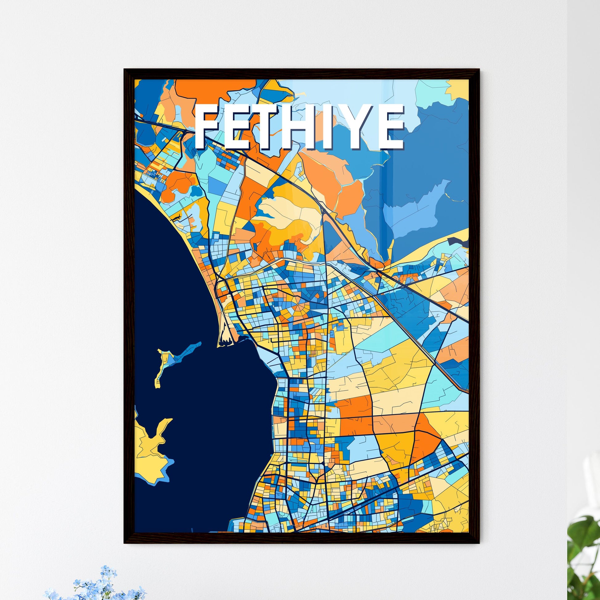 FETHIYE TURKEY Vibrant Colorful Art Map Poster Blue Orange