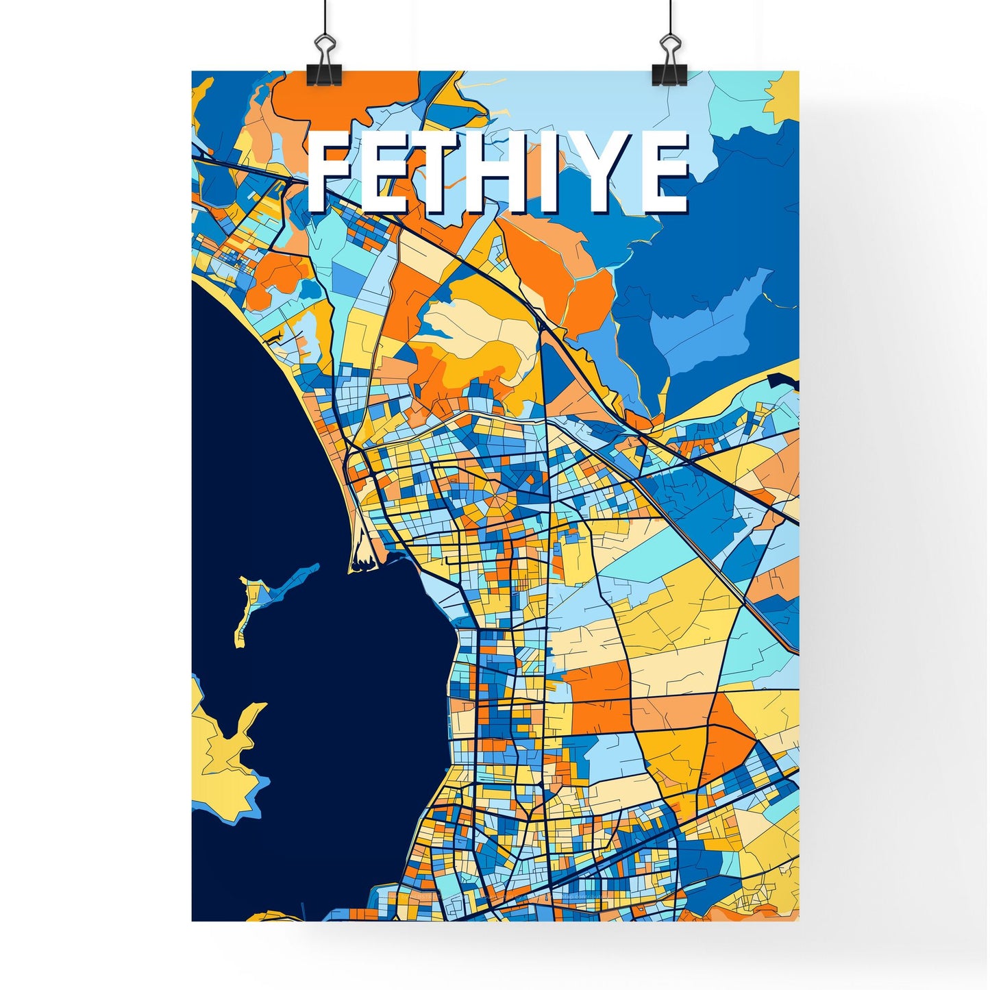 FETHIYE TURKEY Vibrant Colorful Art Map Poster Blue Orange