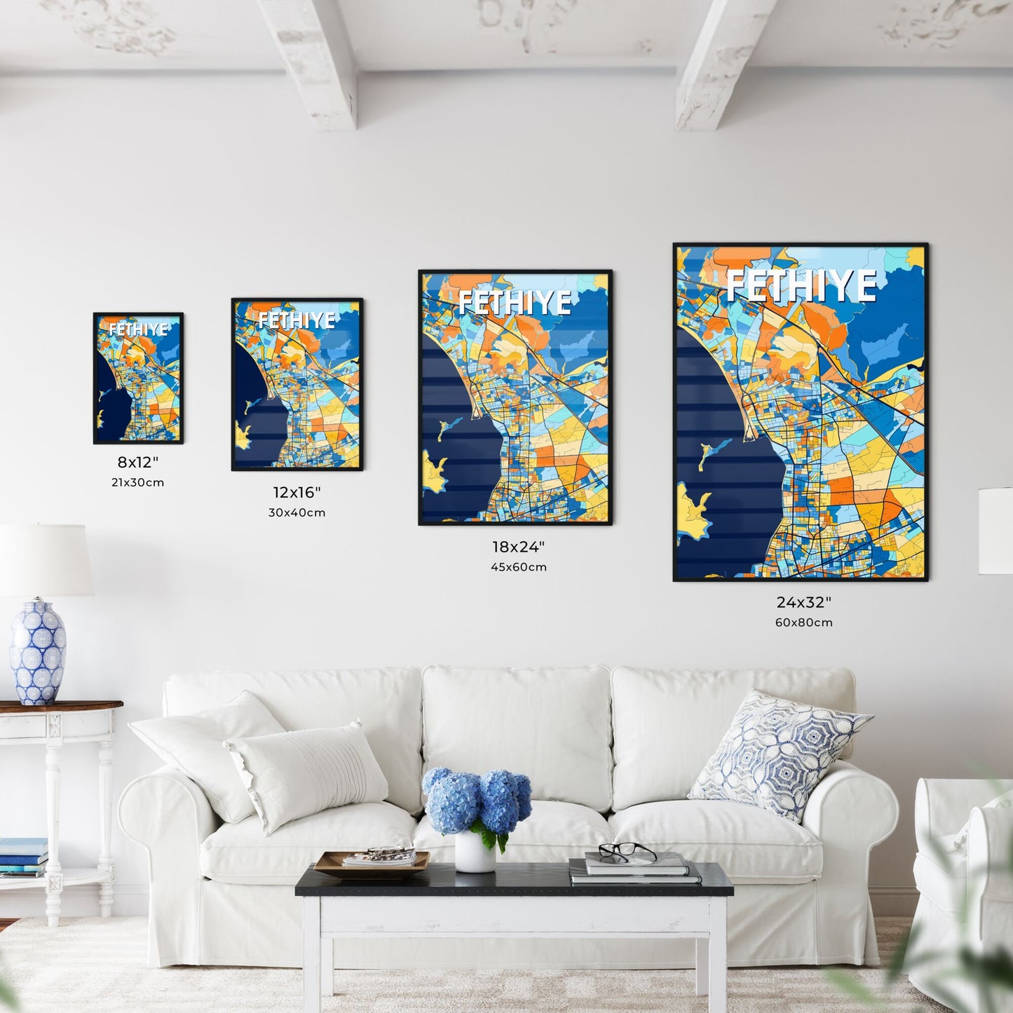 FETHIYE TURKEY Vibrant Colorful Art Map Poster Blue Orange