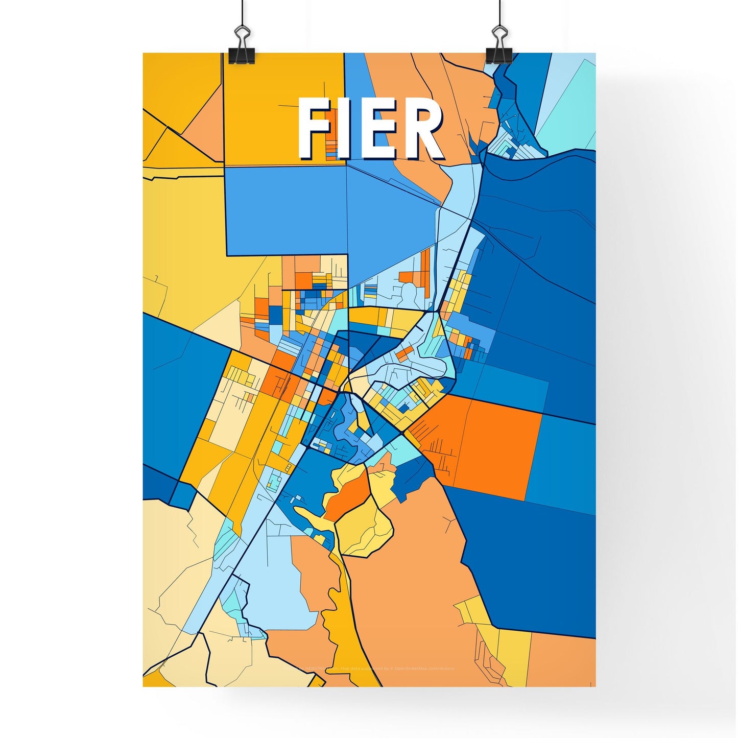 FIER ALBANIA Vibrant Colorful Art Map Poster Blue Orange