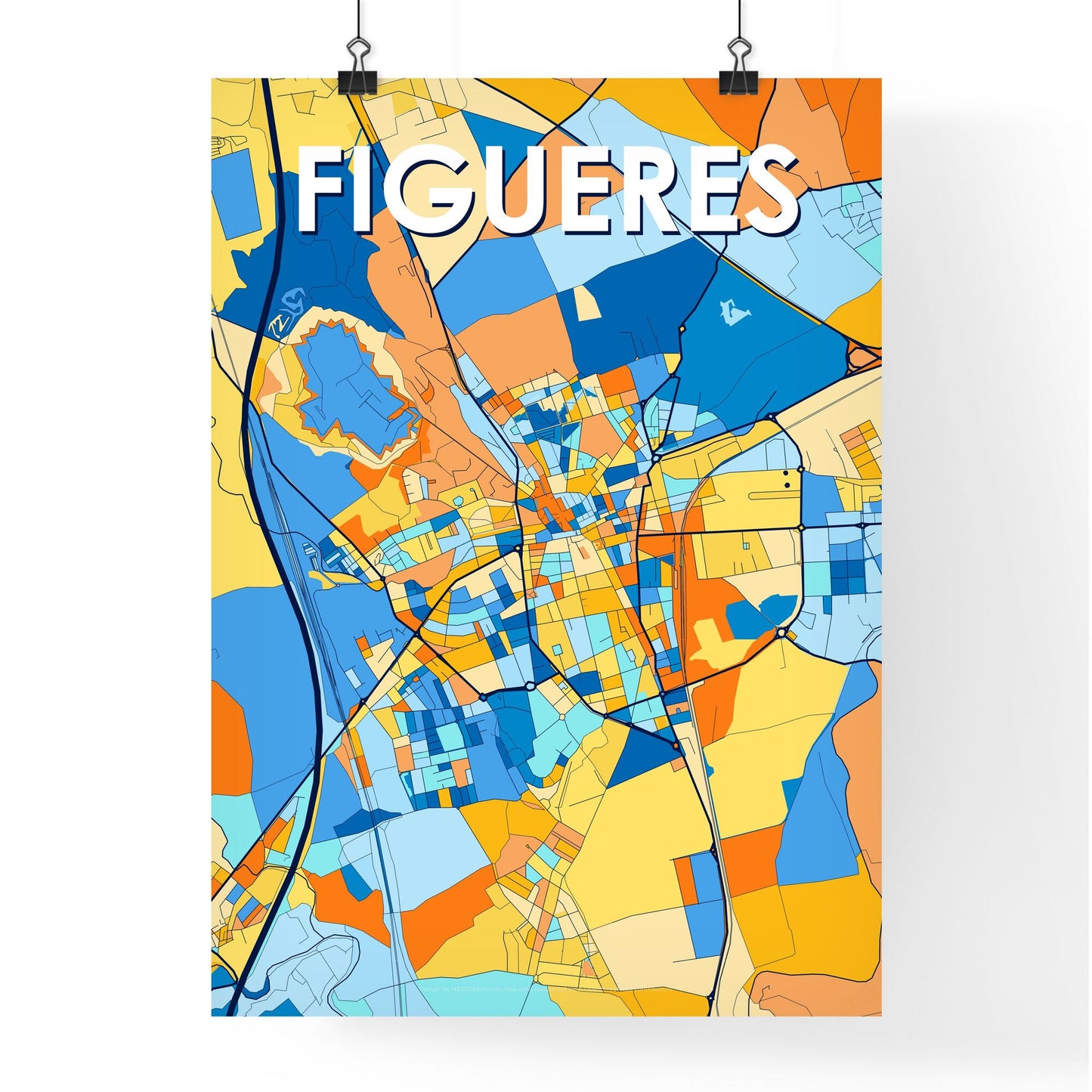 FIGUERES SPAIN Vibrant Colorful Art Map Poster Blue Orange