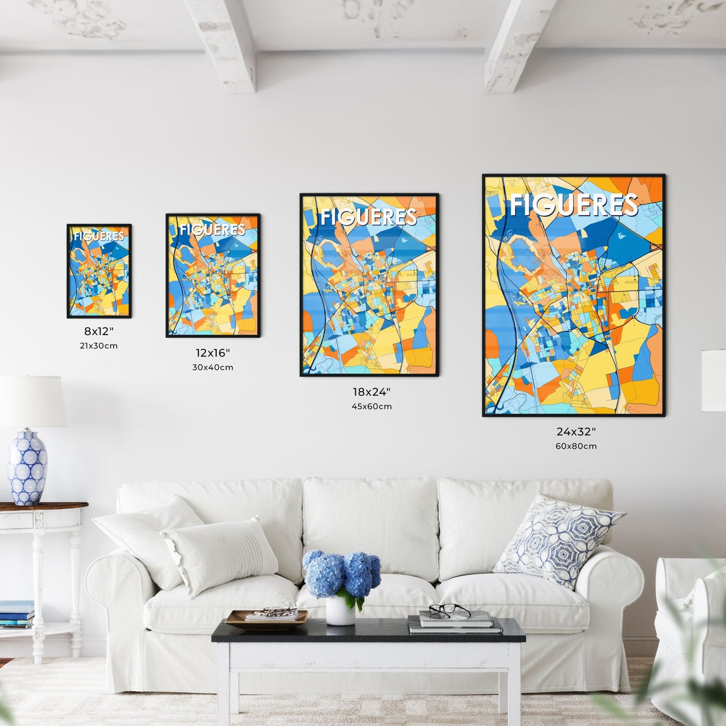 FIGUERES SPAIN Vibrant Colorful Art Map Poster Blue Orange