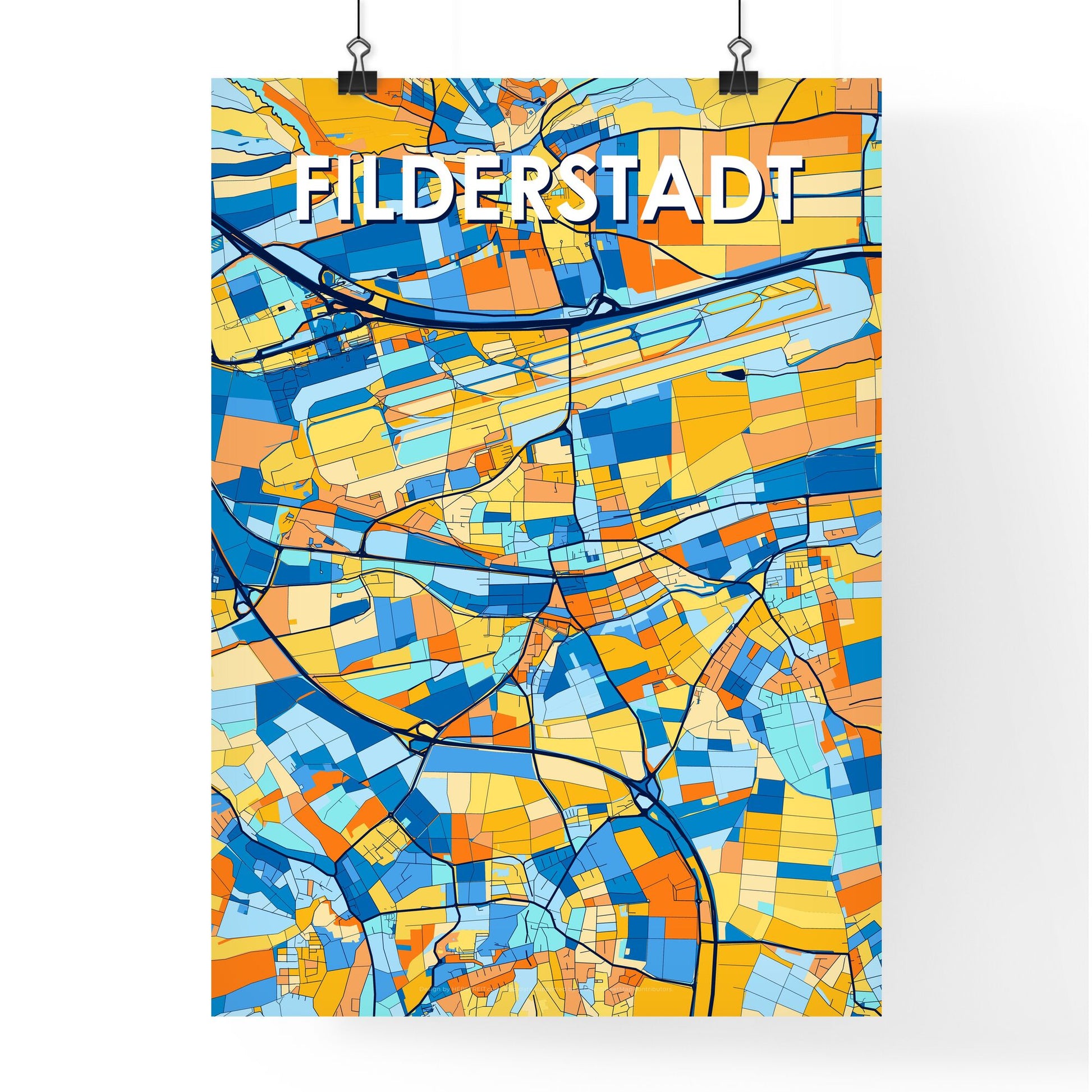 FILDERSTADT GERMANY Vibrant Colorful Art Map Poster Blue Orange