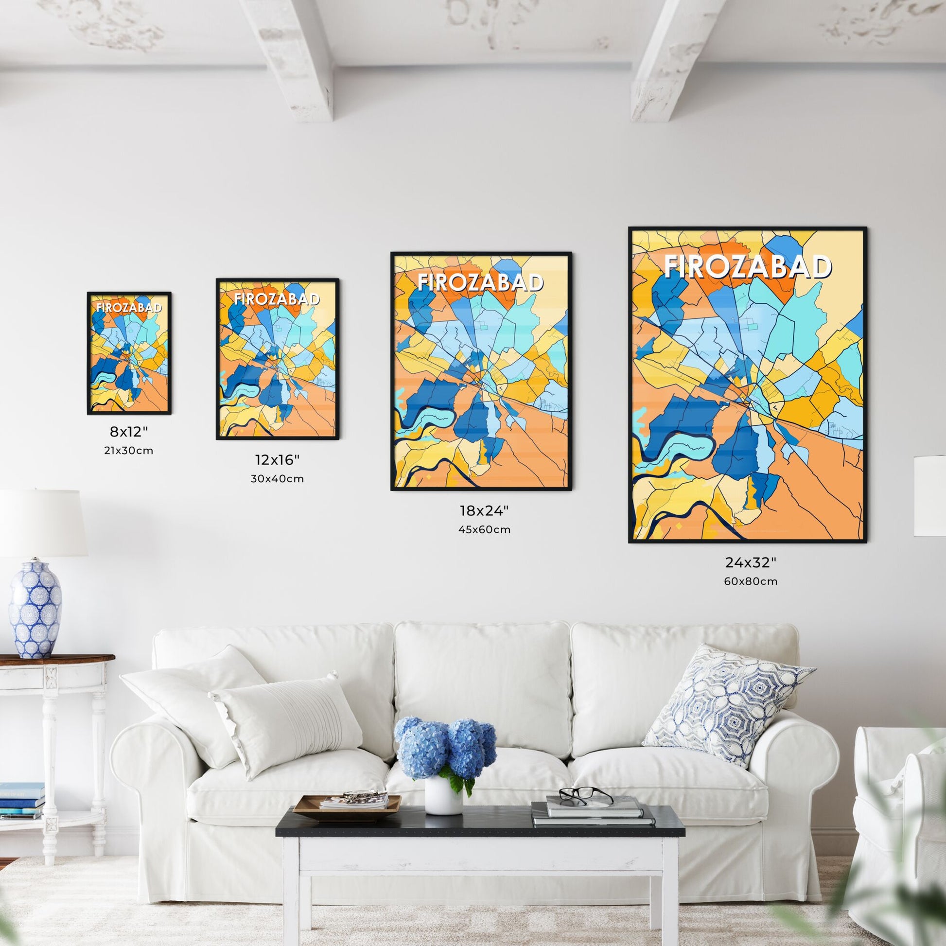 FIROZABAD INDIA Vibrant Colorful Art Map Poster Blue Orange