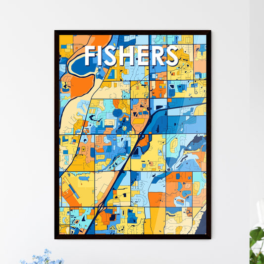 FISHERS INDIANA Vibrant Colorful Art Map Poster Blue Orange