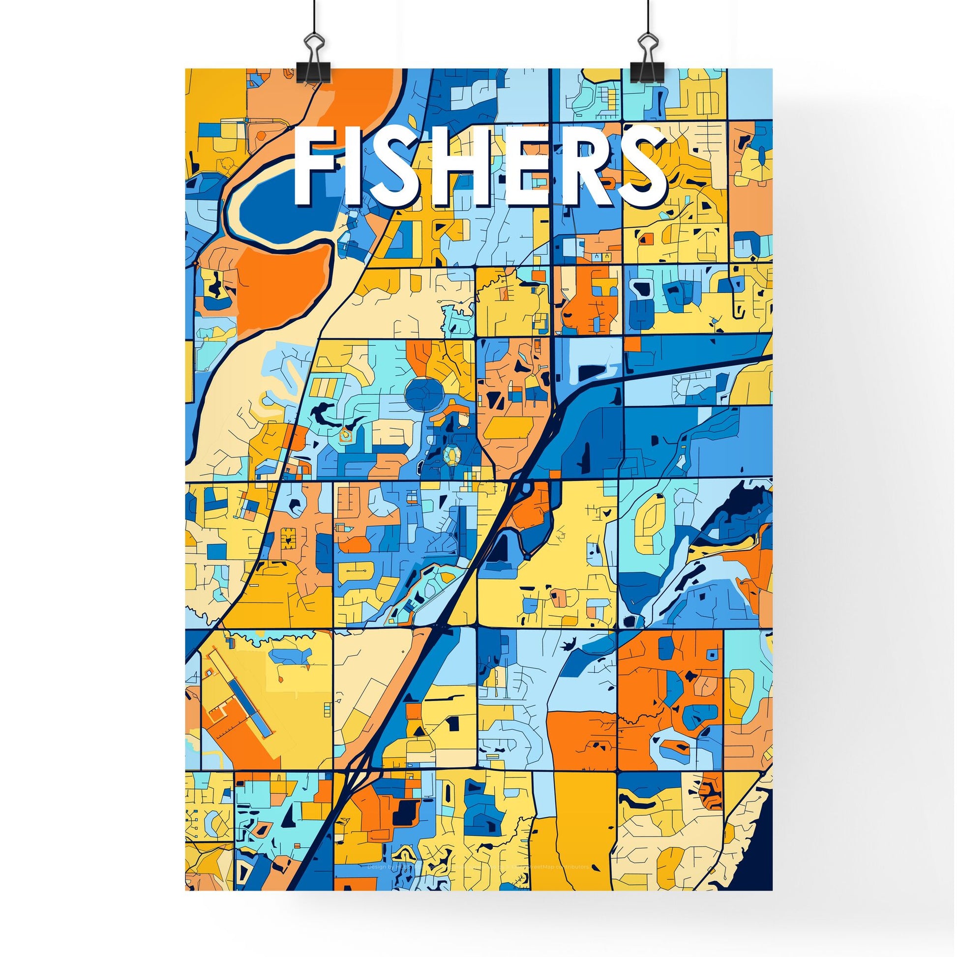 FISHERS INDIANA Vibrant Colorful Art Map Poster Blue Orange