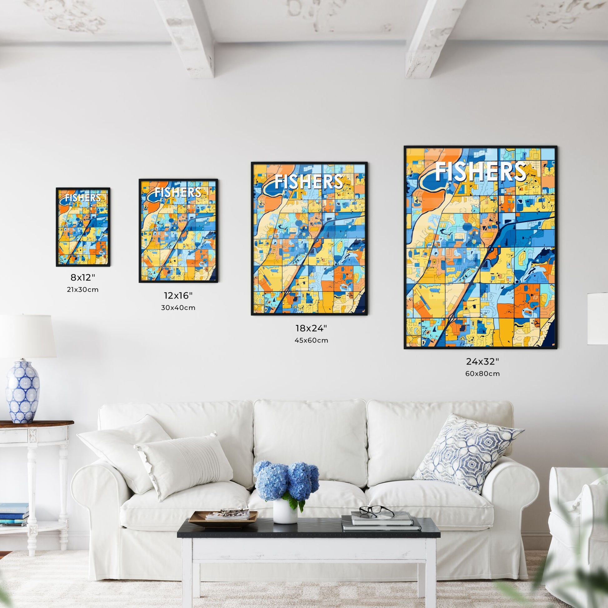 FISHERS INDIANA Vibrant Colorful Art Map Poster Blue Orange