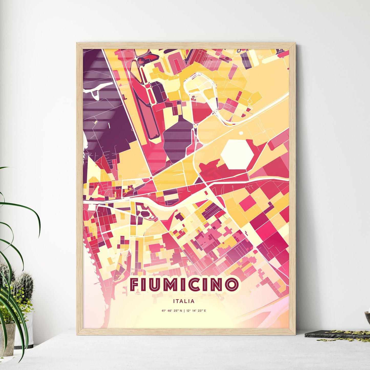 Colorful Fiumicino Italy Fine Art Map Hot Red