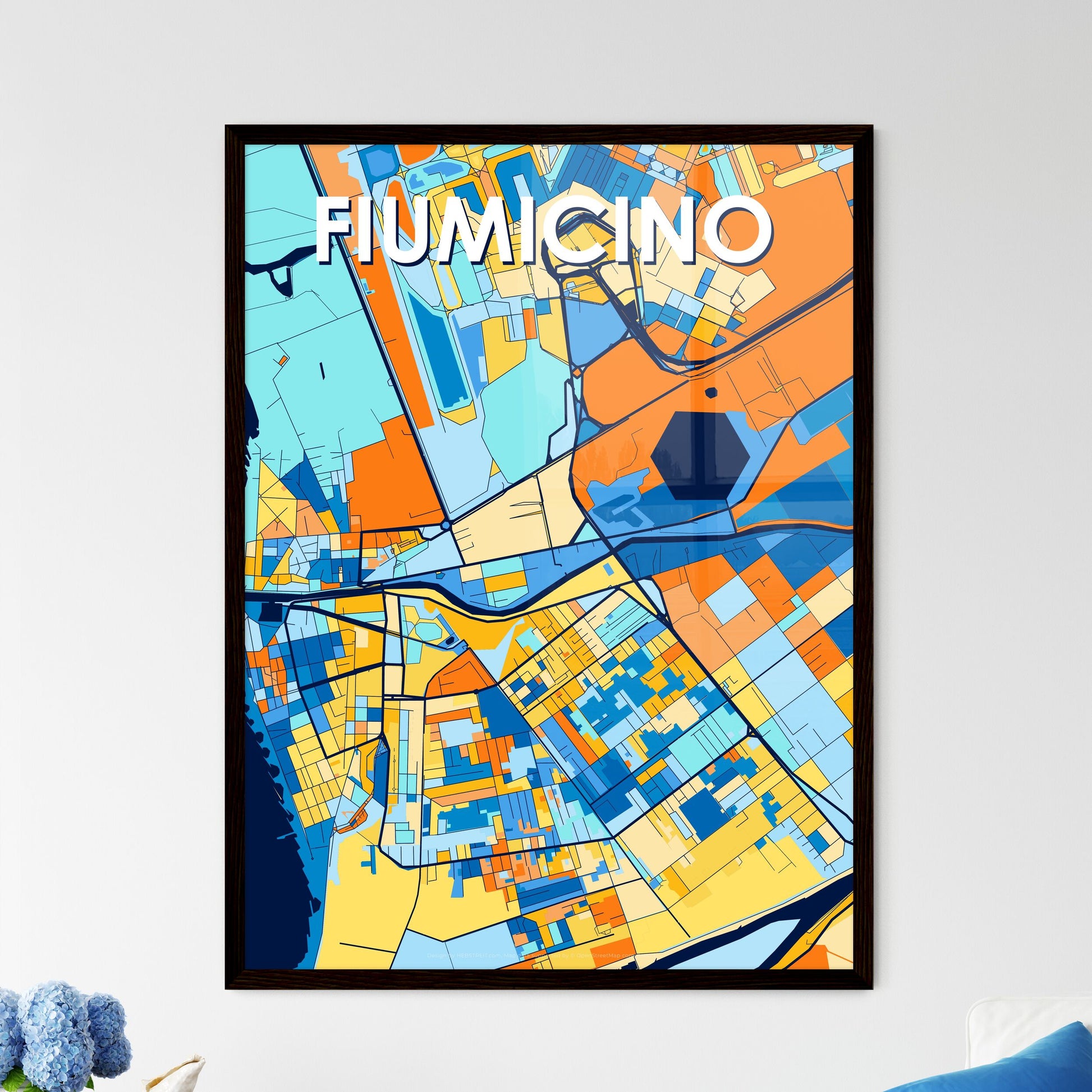 FIUMICINO ITALY Vibrant Colorful Art Map Poster Blue Orange