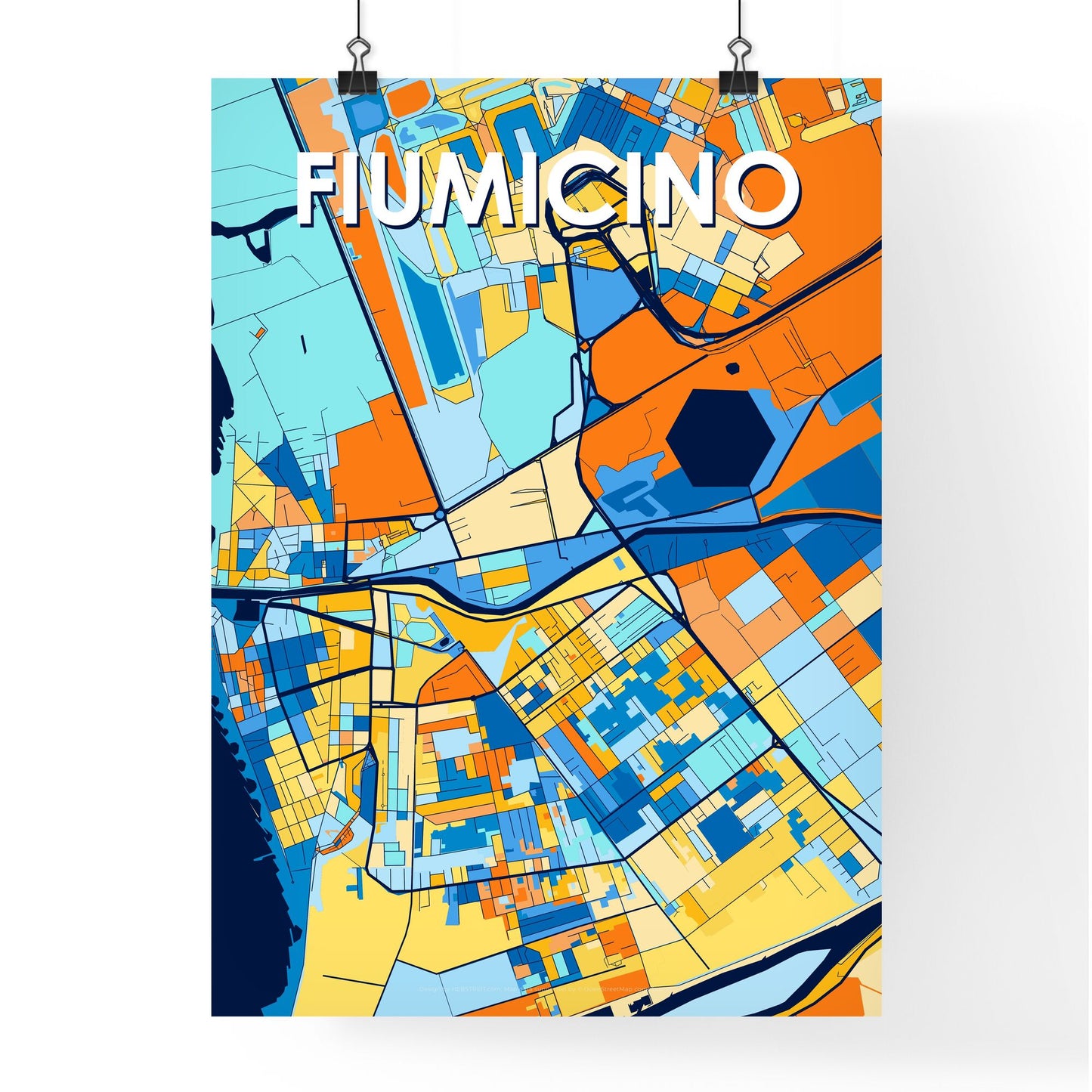 FIUMICINO ITALY Vibrant Colorful Art Map Poster Blue Orange