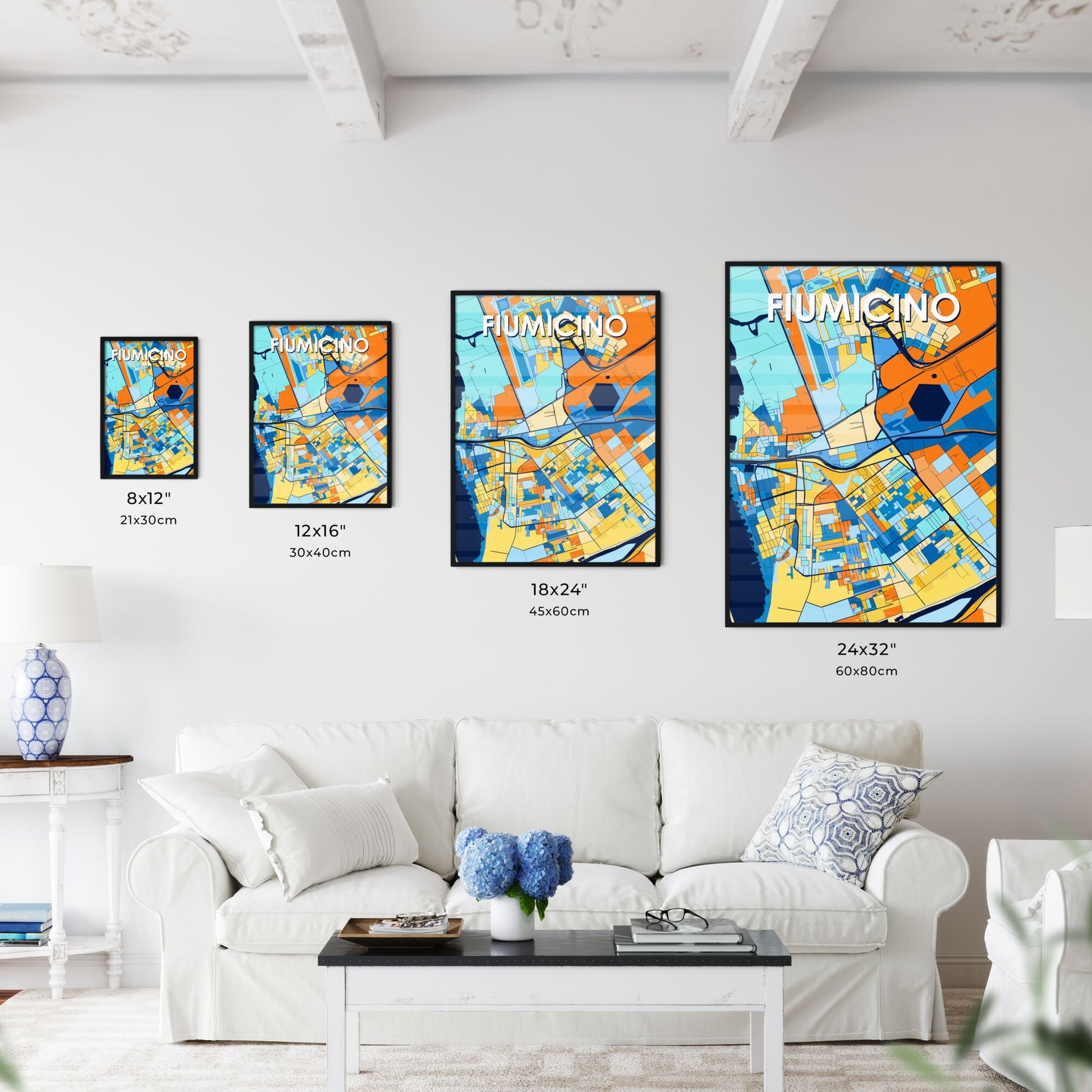 FIUMICINO ITALY Vibrant Colorful Art Map Poster Blue Orange