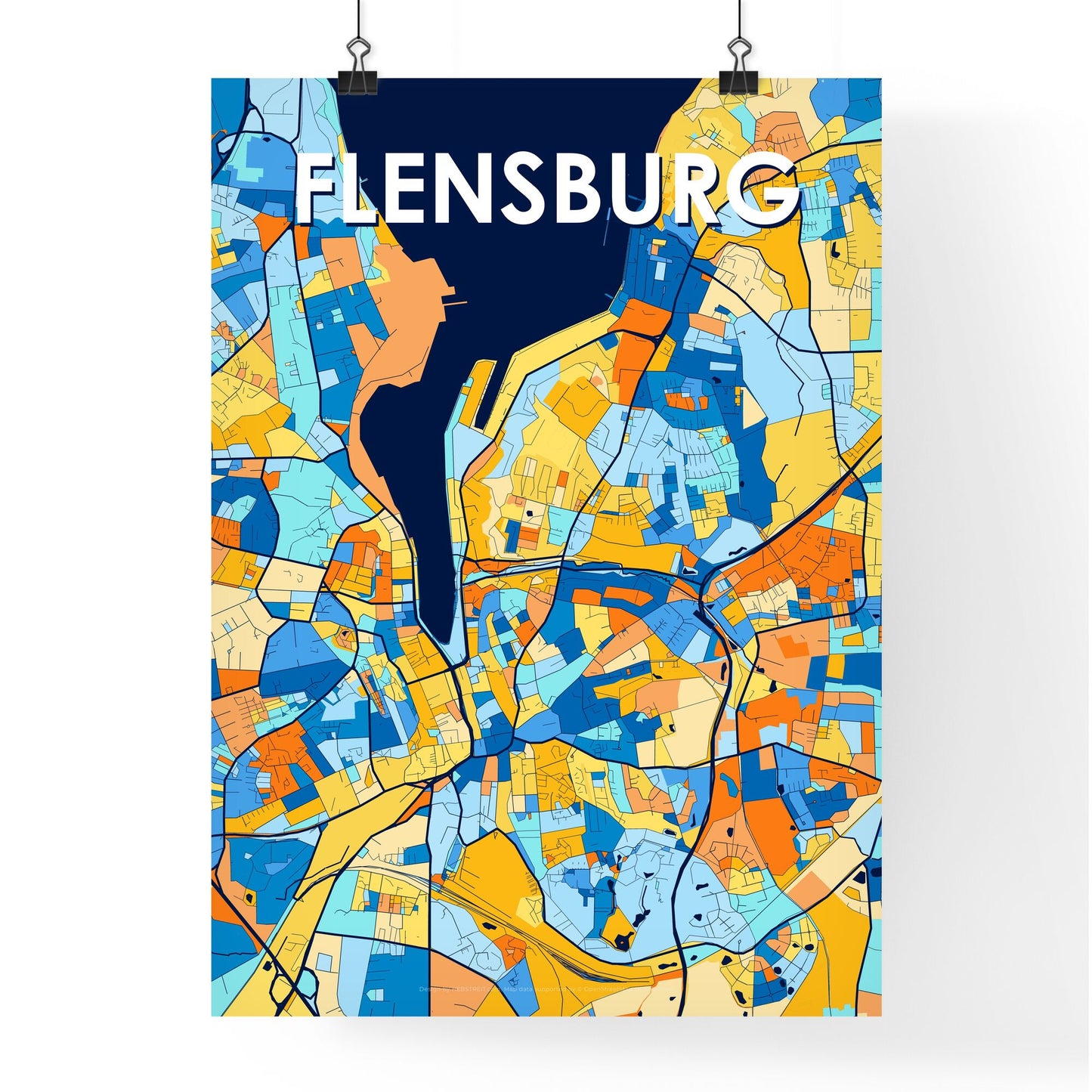 FLENSBURG GERMANY Vibrant Colorful Art Map Poster Blue Orange