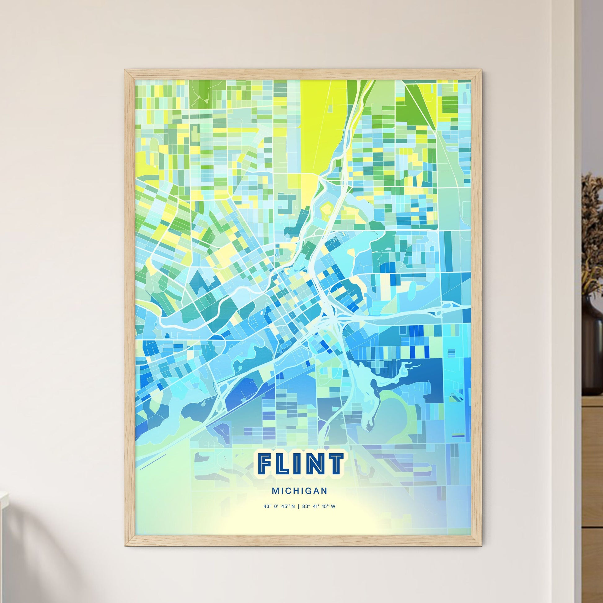 Colorful Flint Michigan Fine Art Map Cool Blue