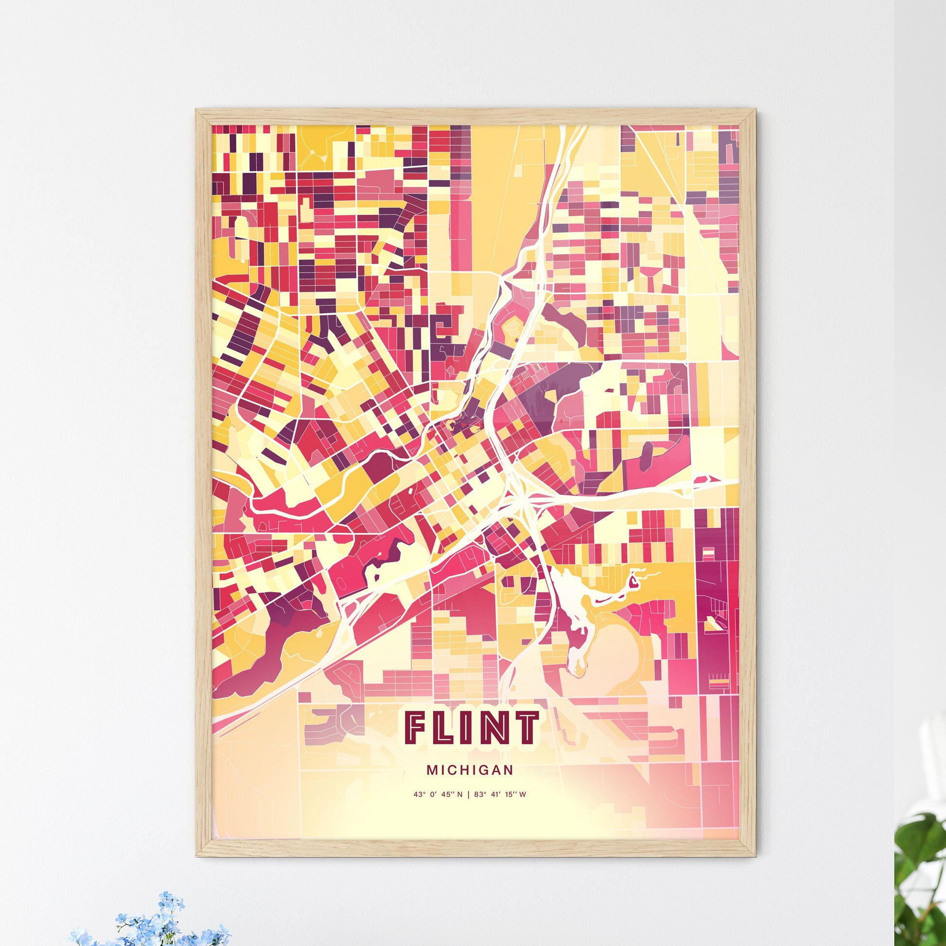 Colorful Flint Michigan Fine Art Map Hot Red