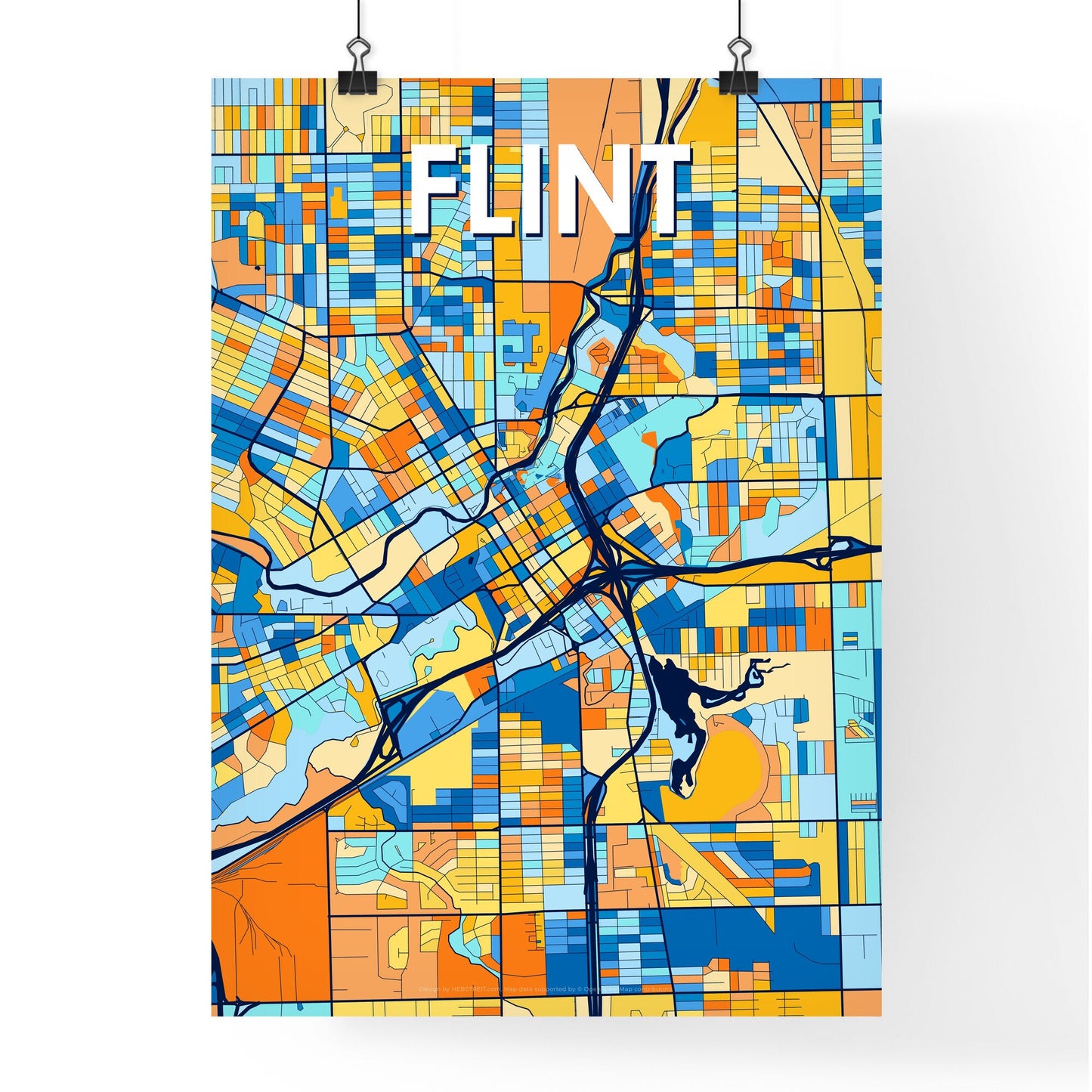 FLINT MICHIGAN Vibrant Colorful Art Map Poster Blue Orange