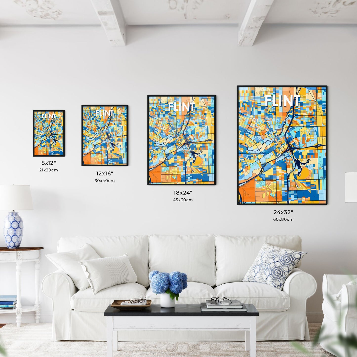 FLINT MICHIGAN Vibrant Colorful Art Map Poster Blue Orange