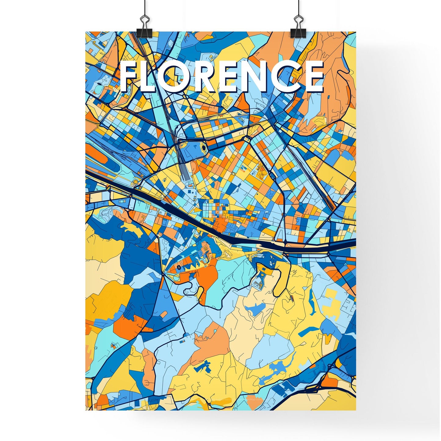 FLORENCE ITALY Vibrant Colorful Art Map Poster Blue Orange