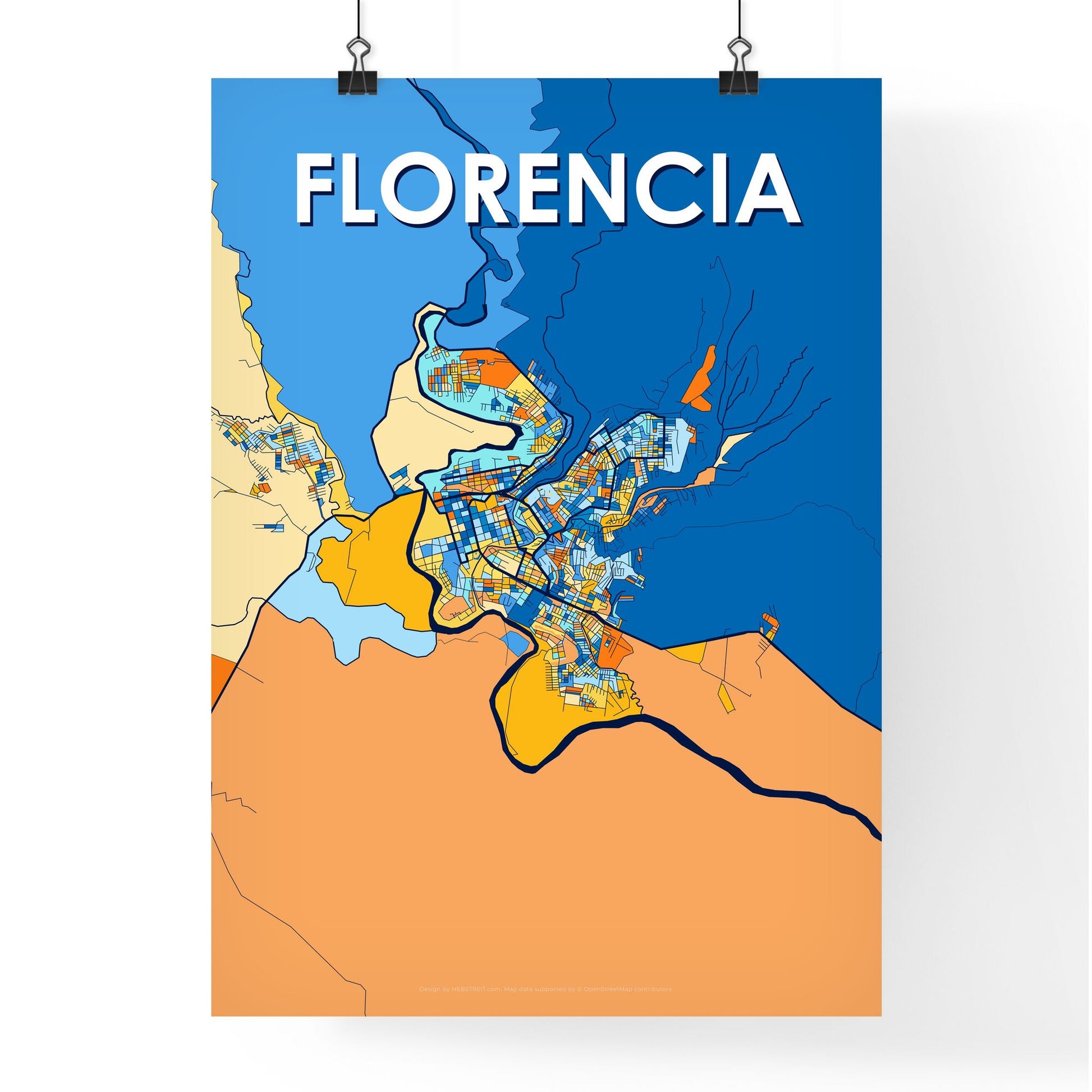 FLORENCIA COLOMBIA Vibrant Colorful Art Map Poster Blue Orange