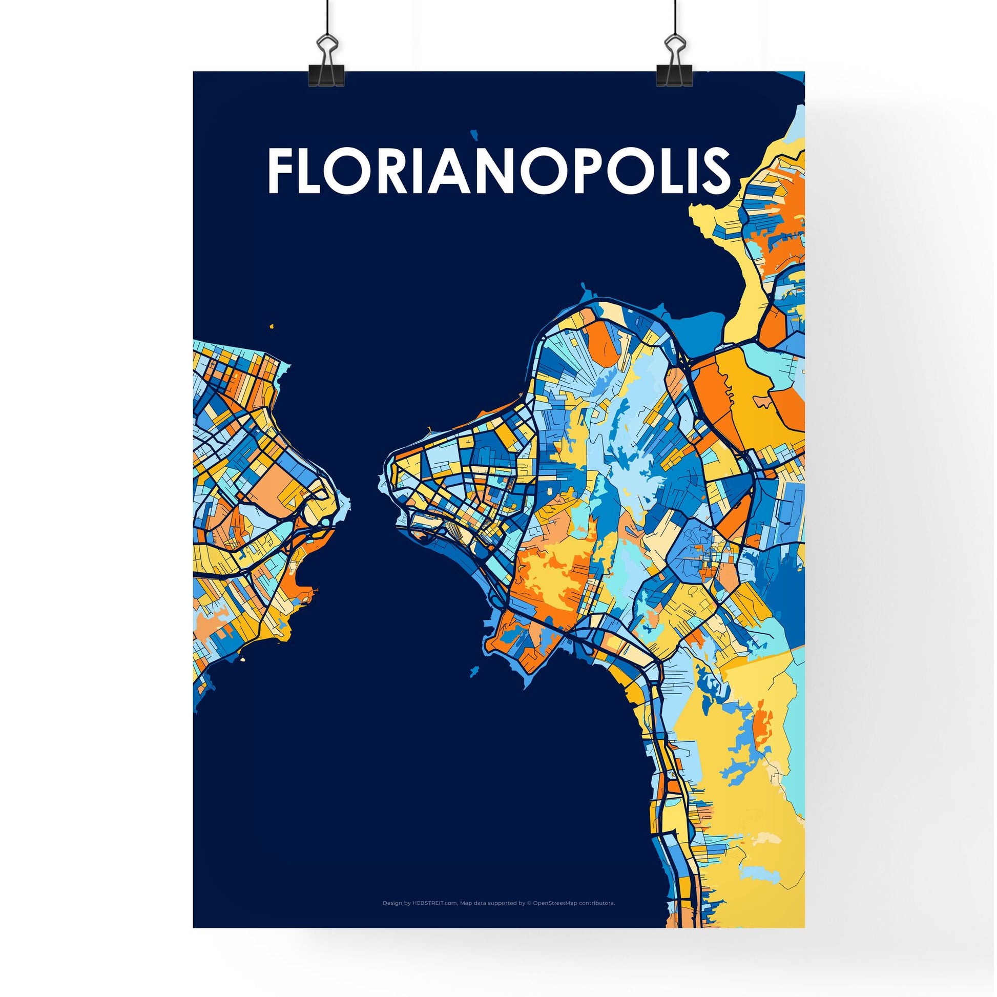 FLORIANOPOLIS BRAZIL Vibrant Colorful Art Map Poster Blue Orange