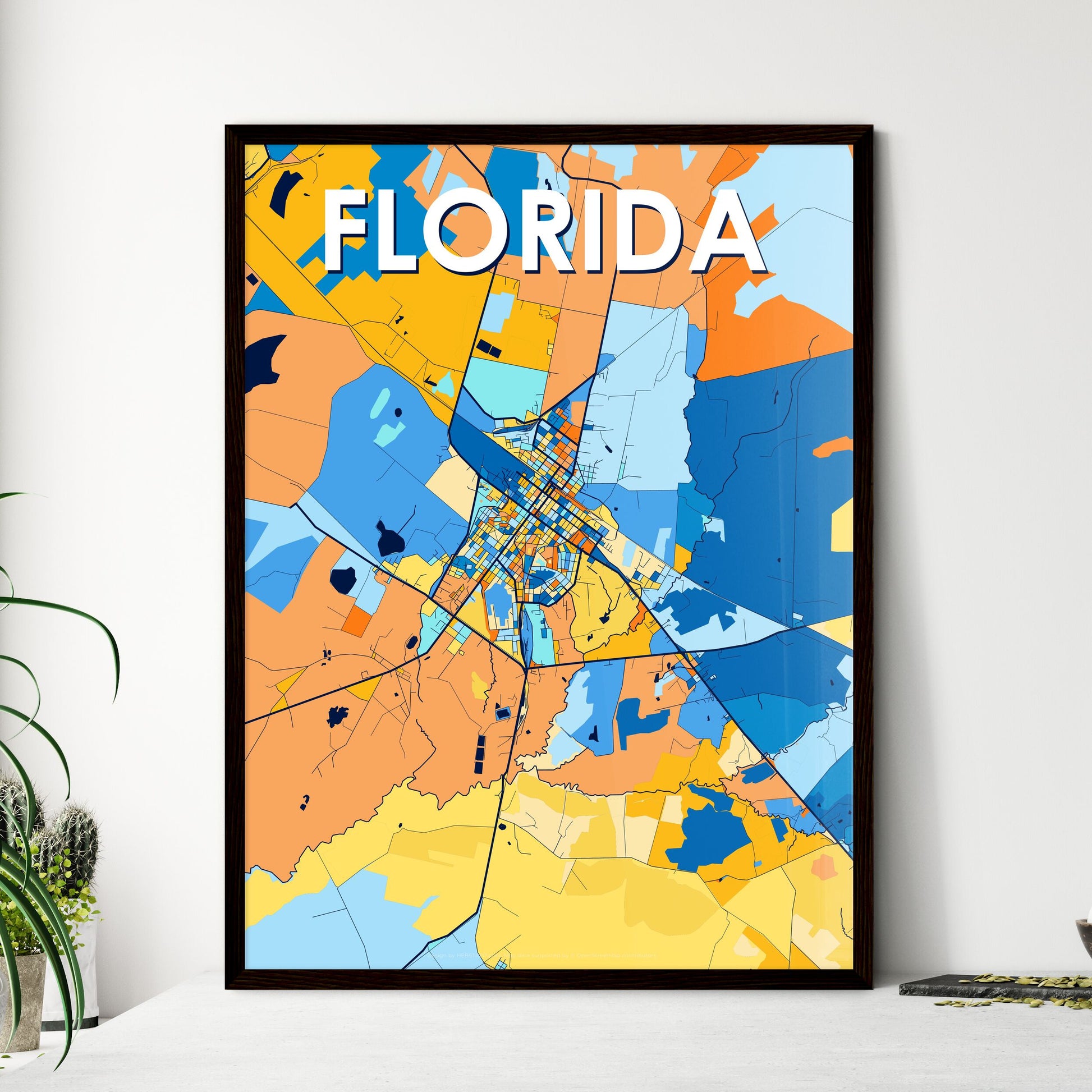 FLORIDA CUBA Vibrant Colorful Art Map Poster Blue Orange