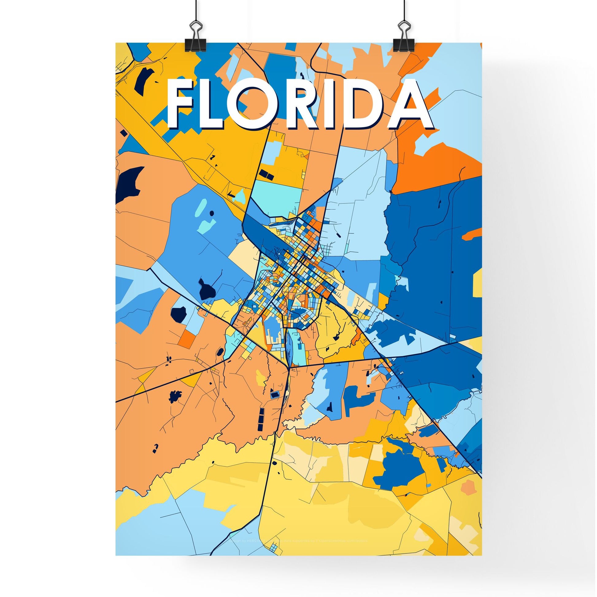 FLORIDA CUBA Vibrant Colorful Art Map Poster Blue Orange