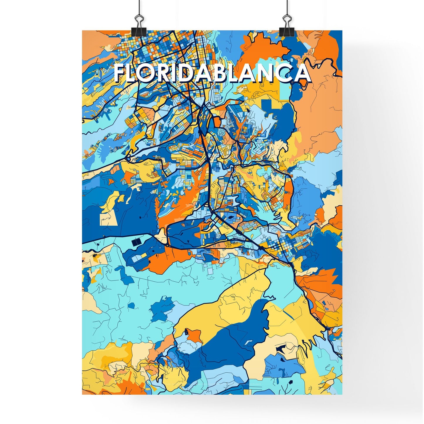 FLORIDABLANCA COLOMBIA Vibrant Colorful Art Map Poster Blue Orange