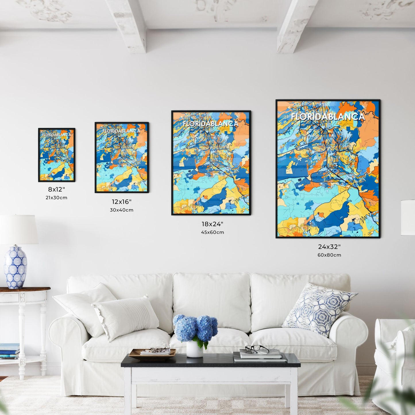 FLORIDABLANCA COLOMBIA Vibrant Colorful Art Map Poster Blue Orange