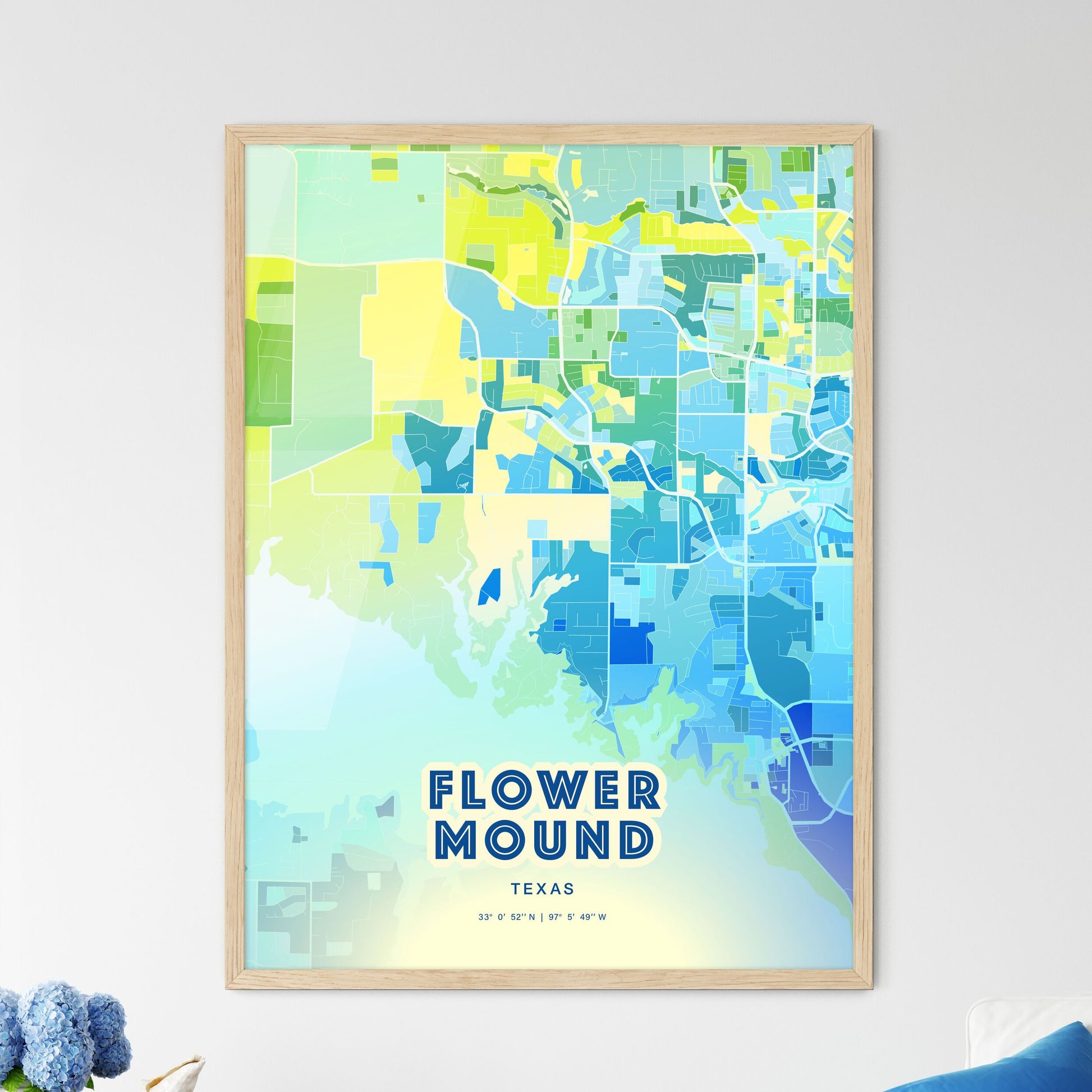 Colorful Flower Mound Texas Fine Art Map Cool Blue