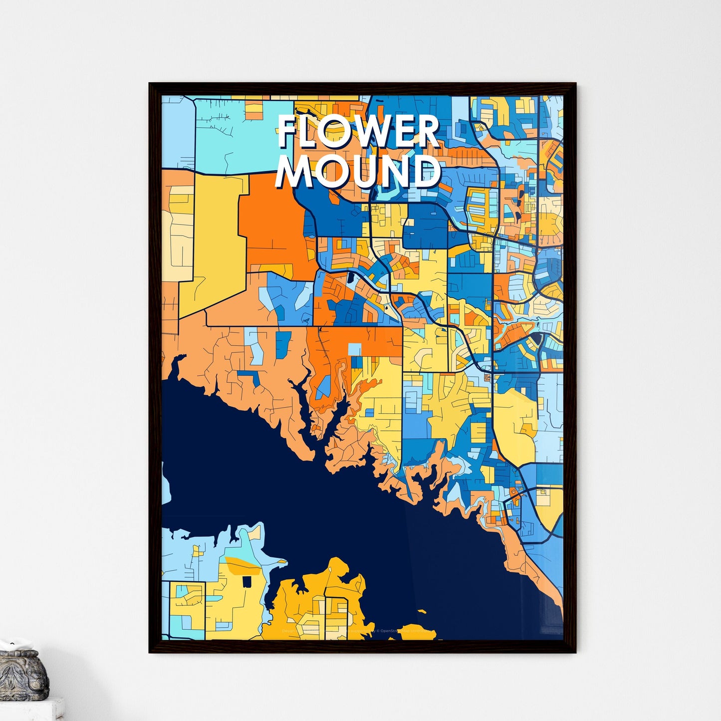 FLOWER MOUND TEXAS Vibrant Colorful Art Map Poster Blue Orange