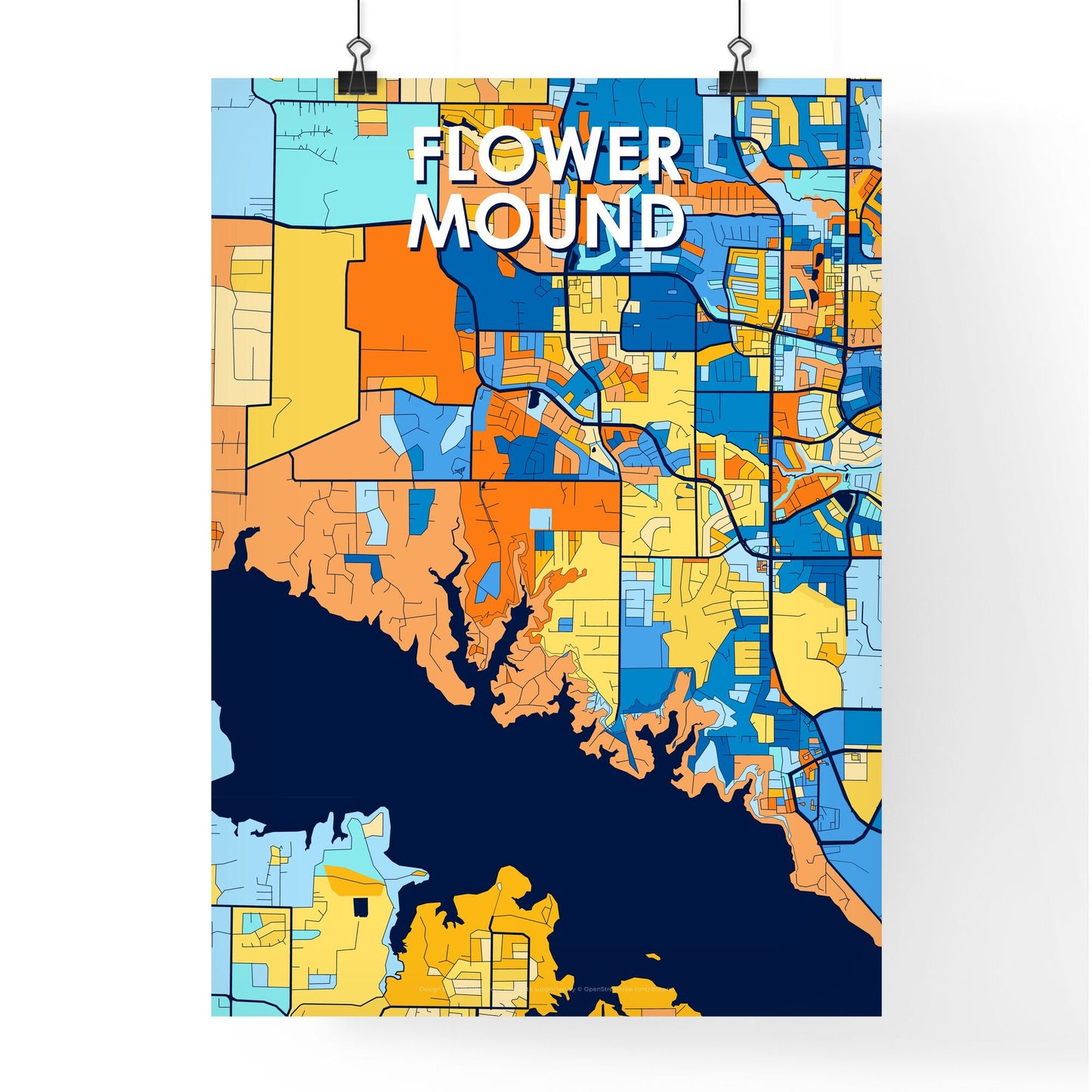 FLOWER MOUND TEXAS Vibrant Colorful Art Map Poster Blue Orange