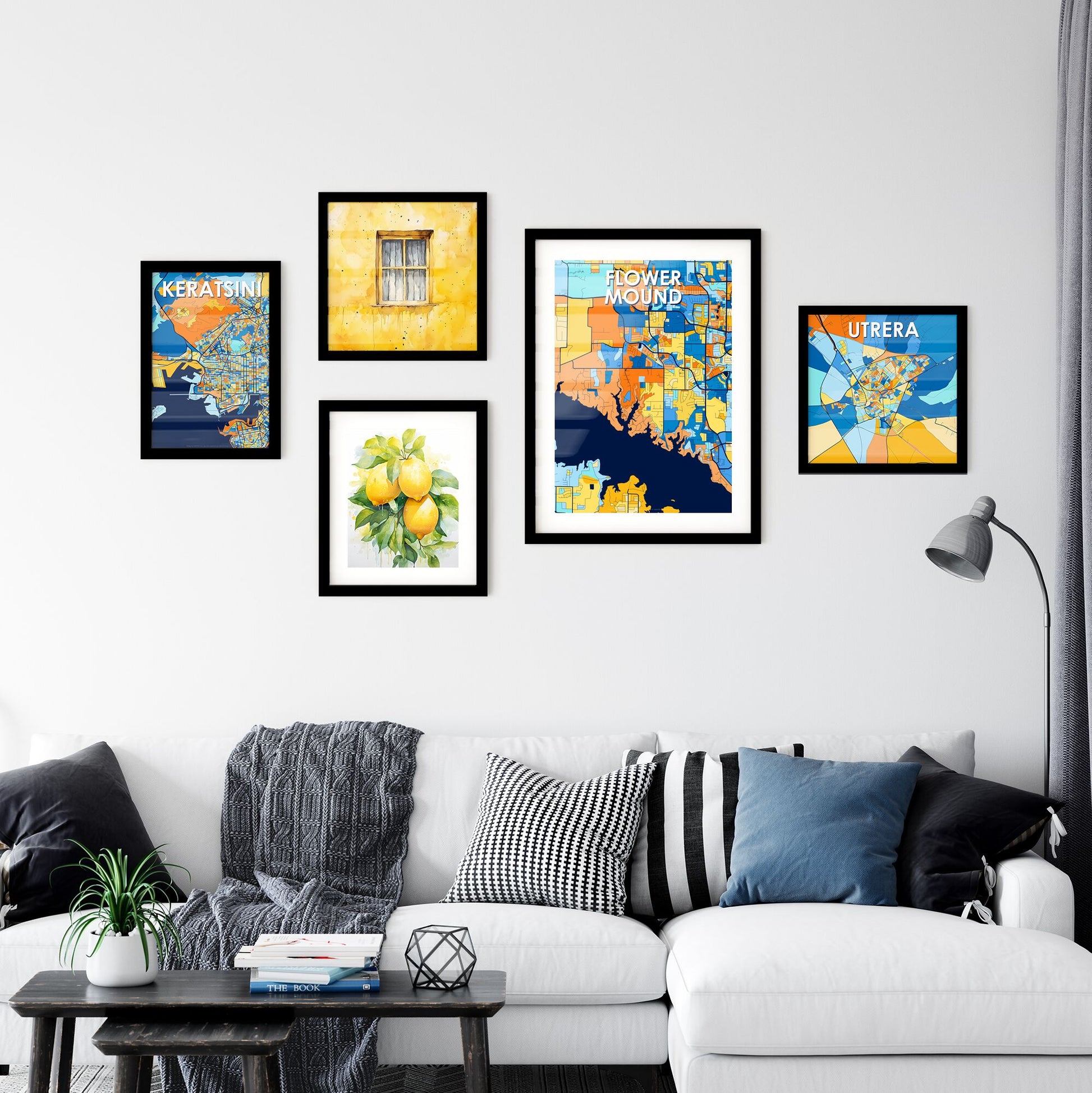 FLOWER MOUND TEXAS Vibrant Colorful Art Map Poster Blue Orange