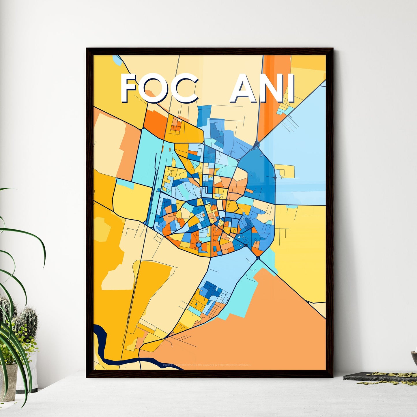 FOCȘANI ROMANIA Vibrant Colorful Art Map Poster Blue Orange