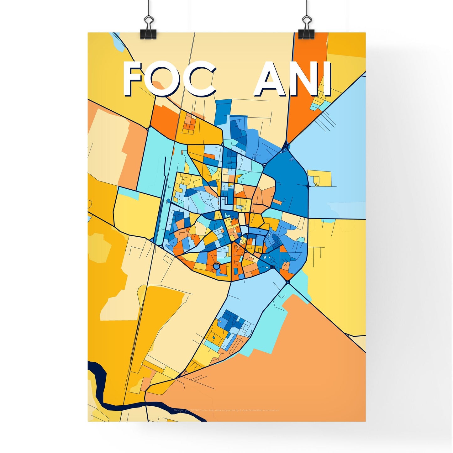 FOCȘANI ROMANIA Vibrant Colorful Art Map Poster Blue Orange