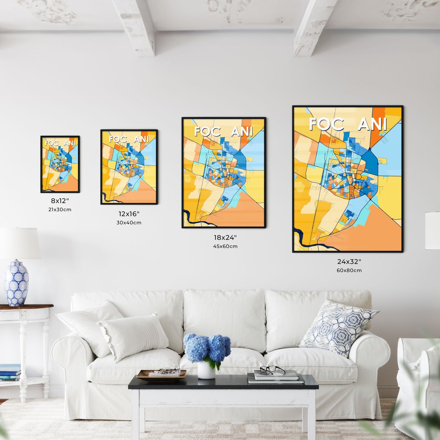 FOCȘANI ROMANIA Vibrant Colorful Art Map Poster Blue Orange