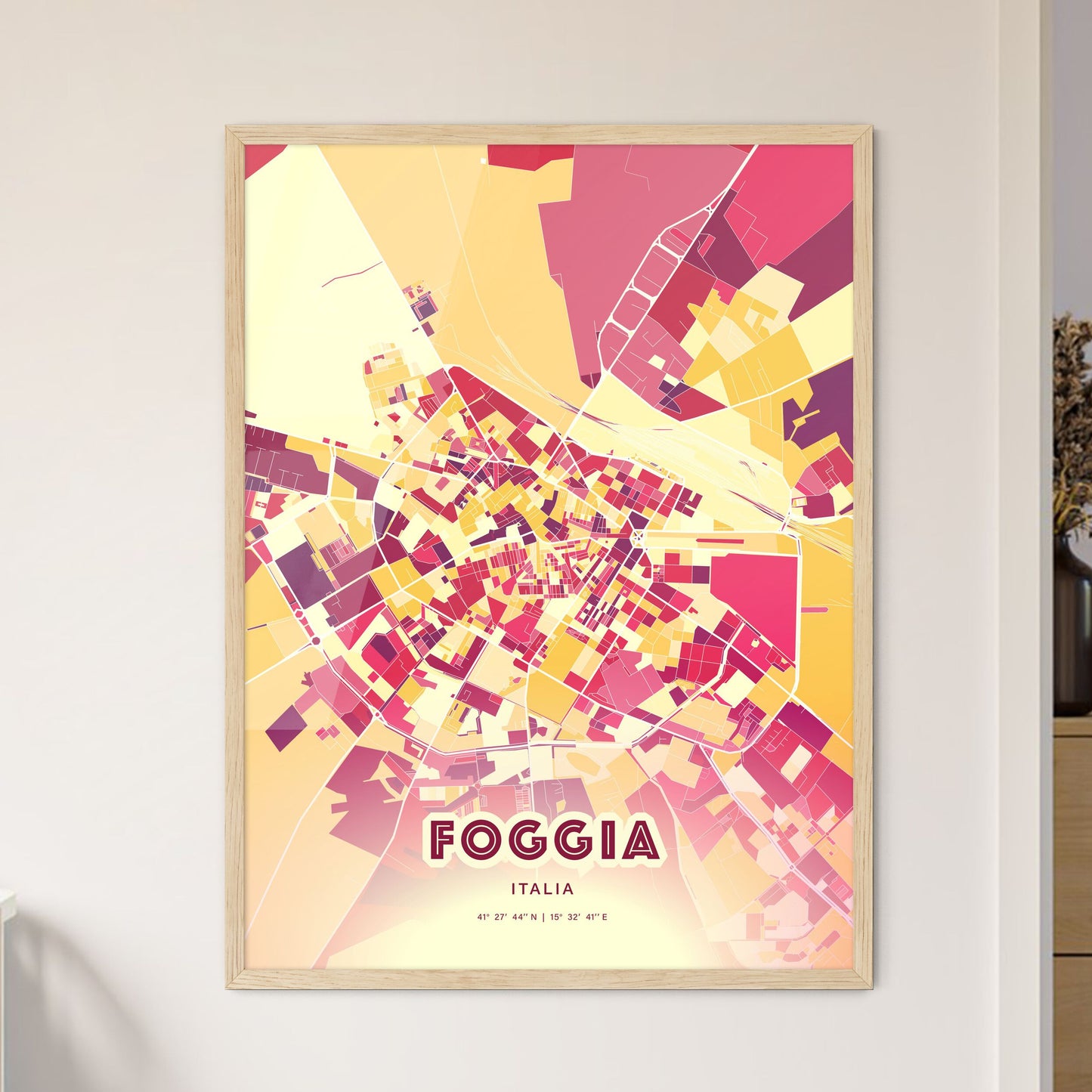 Colorful Foggia Italy Fine Art Map Hot Red