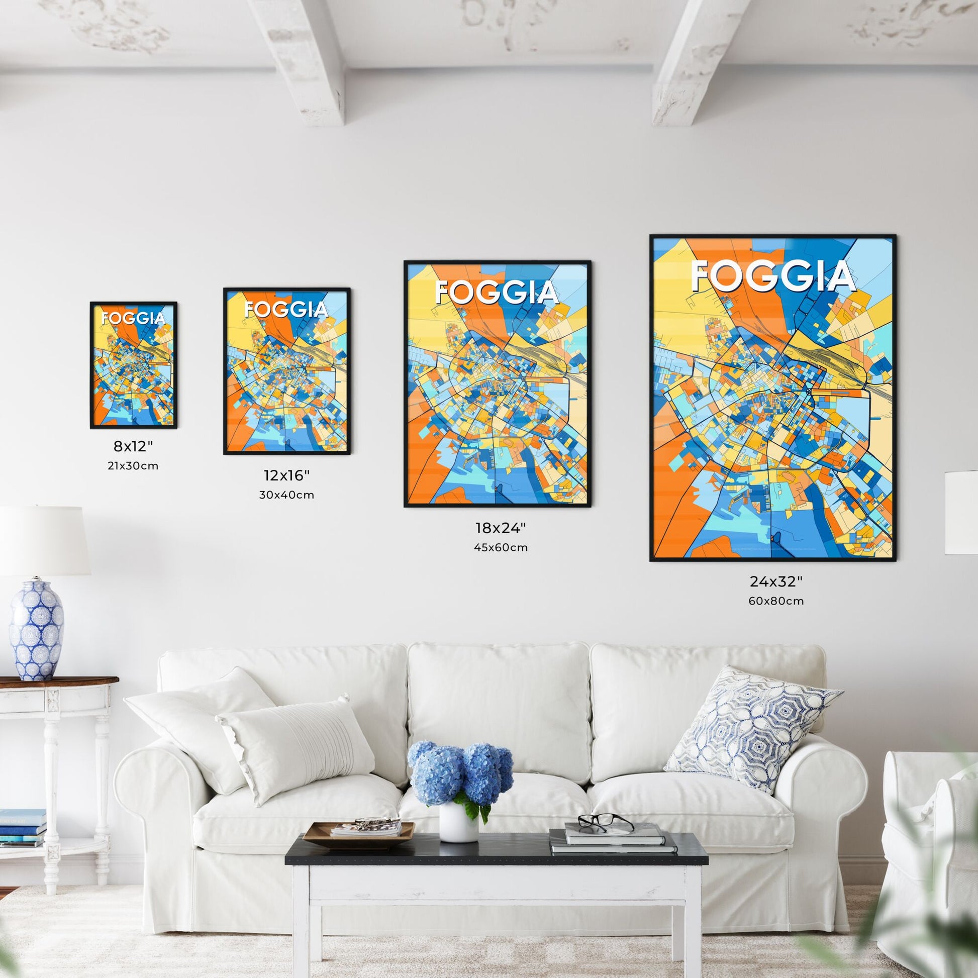 FOGGIA ITALY Vibrant Colorful Art Map Poster Blue Orange