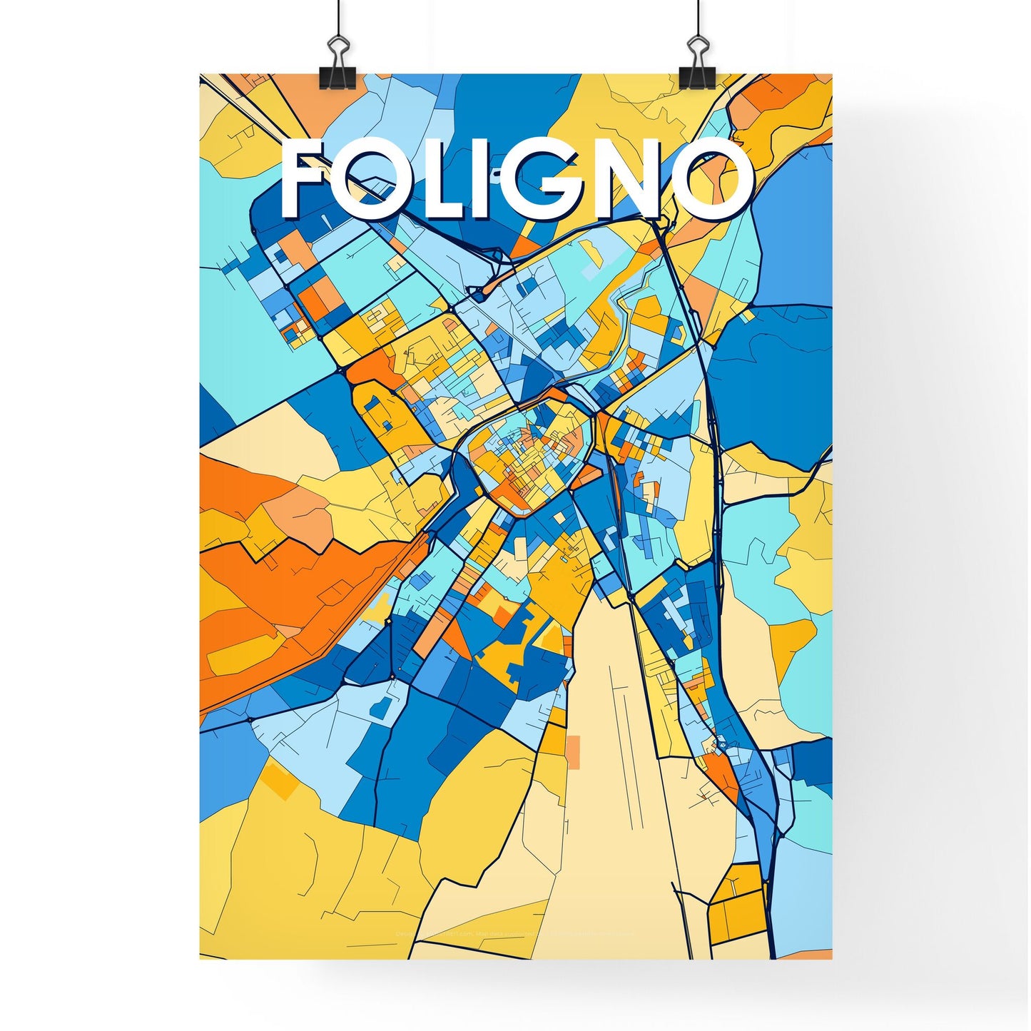 FOLIGNO ITALY Vibrant Colorful Art Map Poster Blue Orange