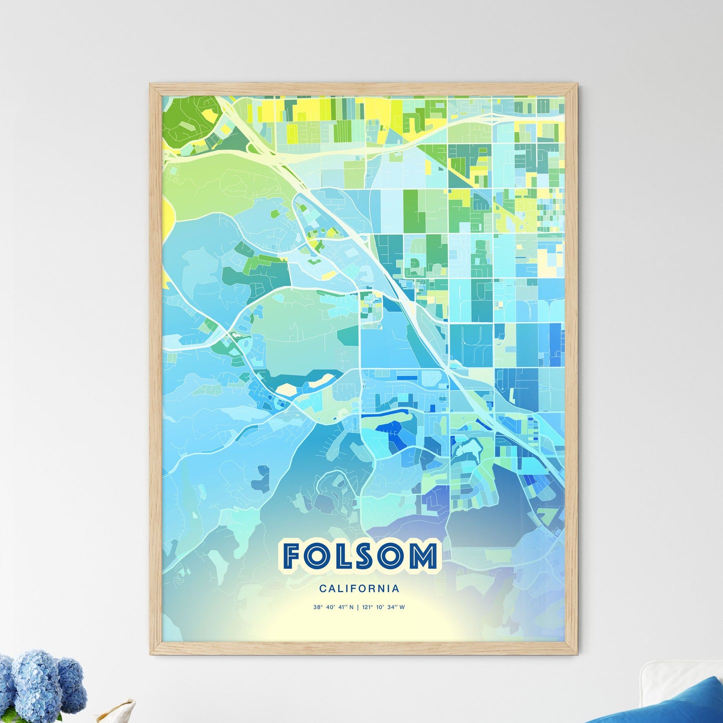 Colorful Folsom California Fine Art Map Cool Blue