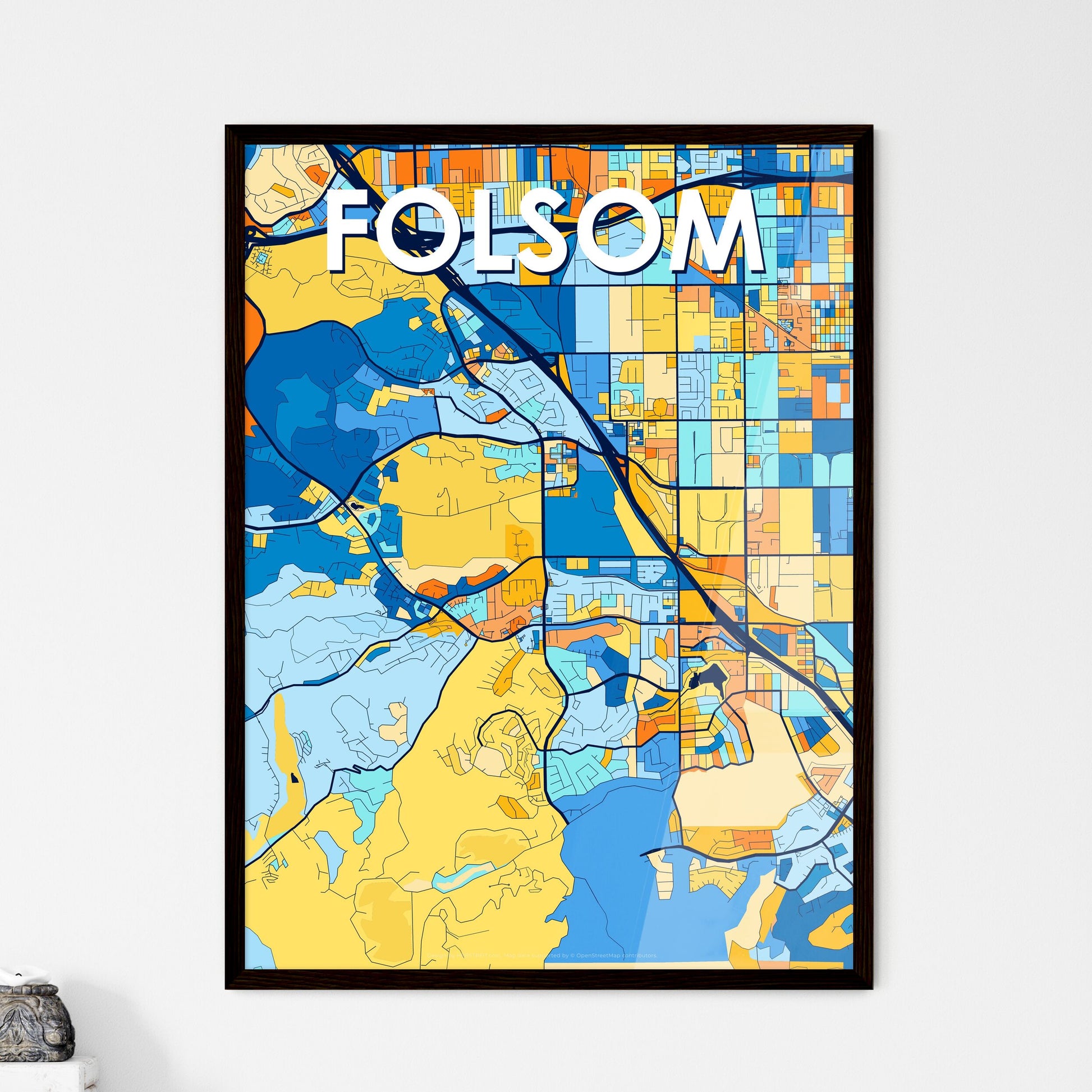 FOLSOM CALIFORNIA Vibrant Colorful Art Map Poster Blue Orange