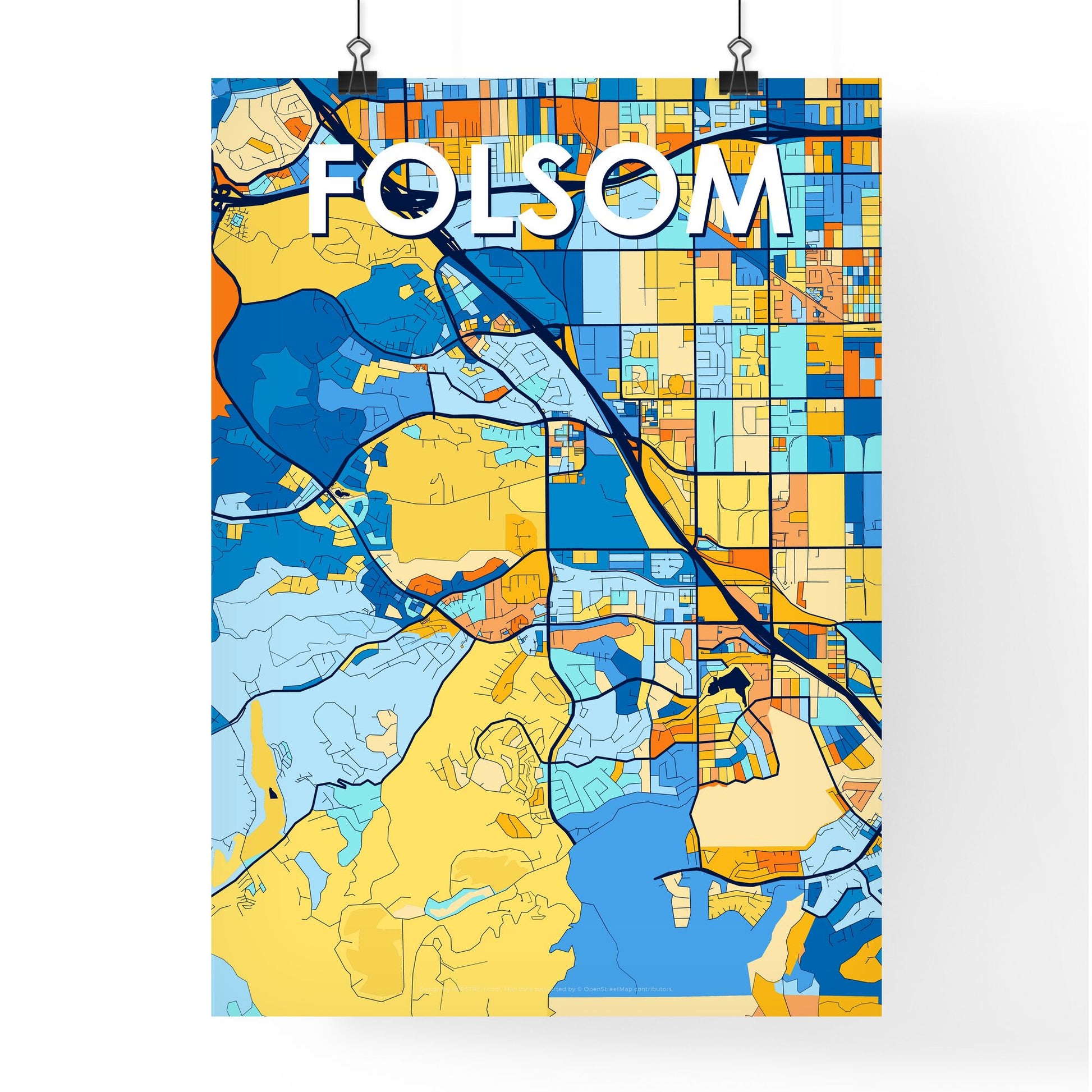 FOLSOM CALIFORNIA Vibrant Colorful Art Map Poster Blue Orange