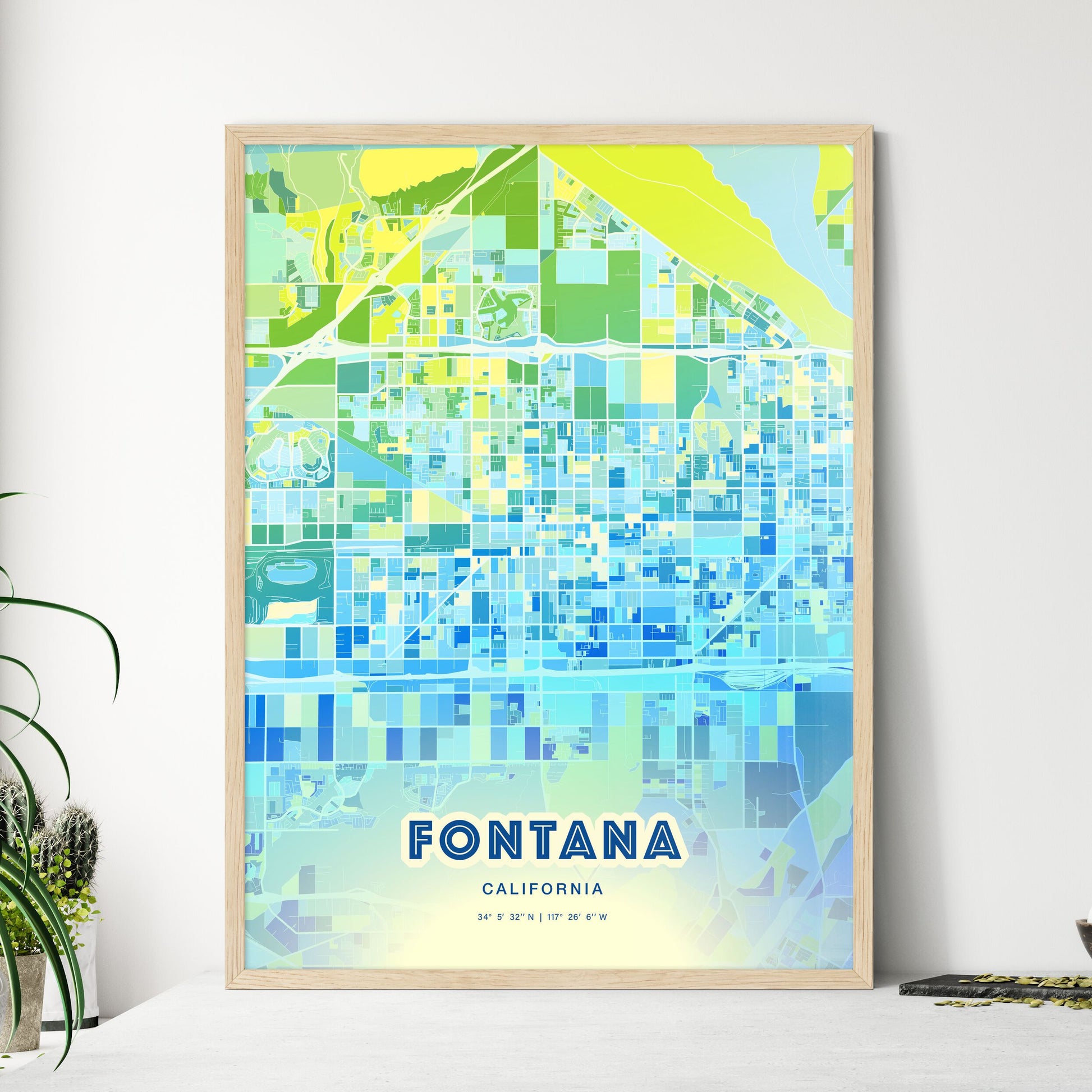 Colorful Fontana California Fine Art Map Cool Blue