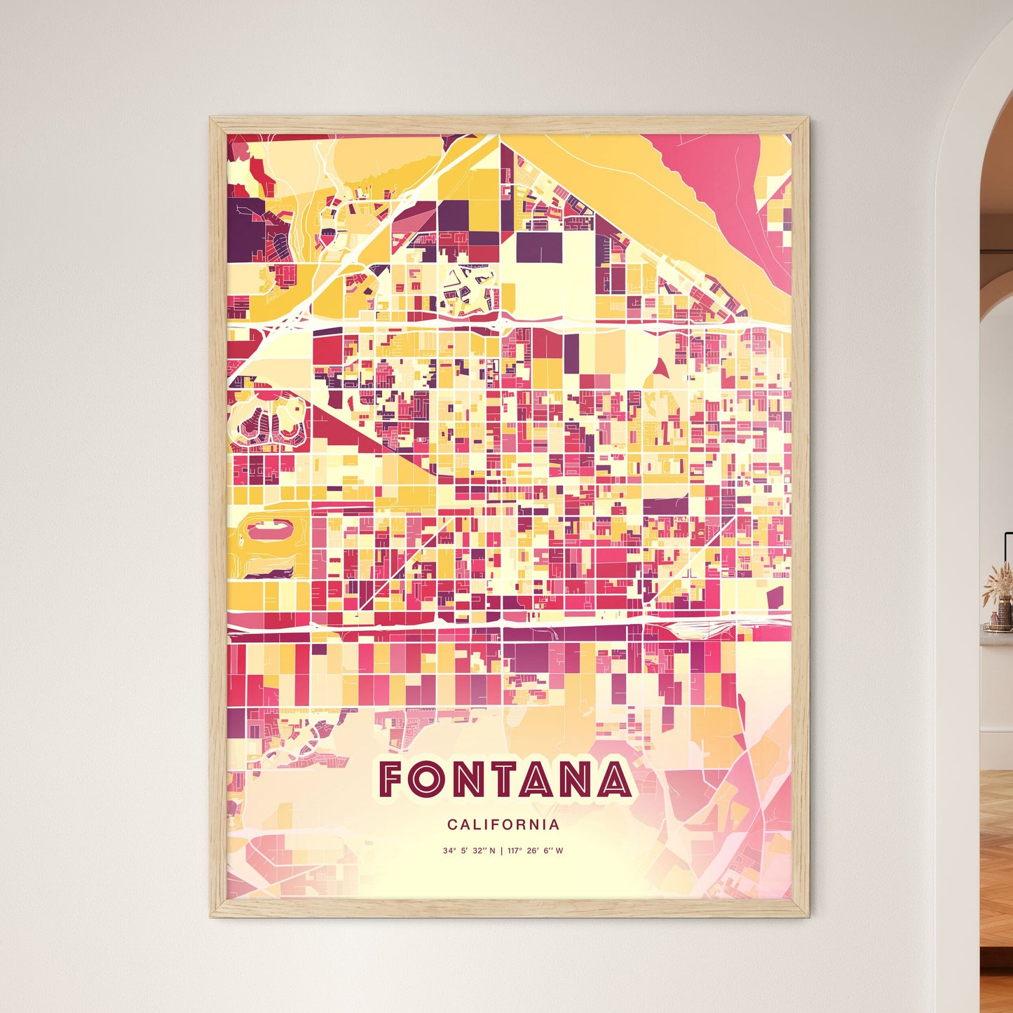 Colorful Fontana California Fine Art Map Hot Red