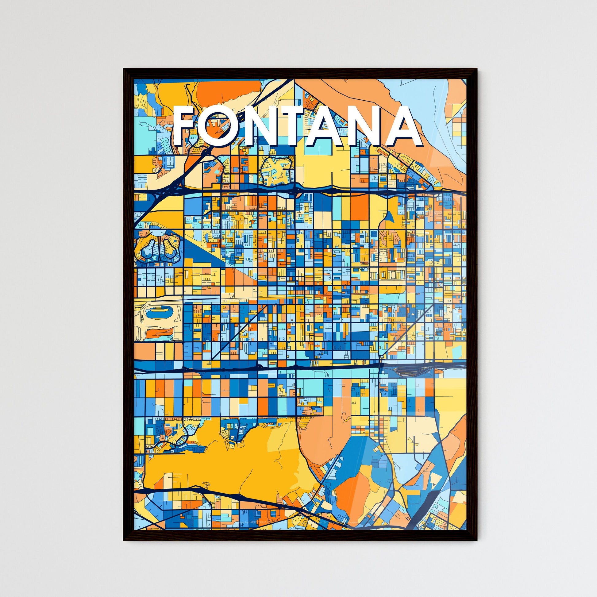 FONTANA CALIFORNIA Vibrant Colorful Art Map Poster Blue Orange