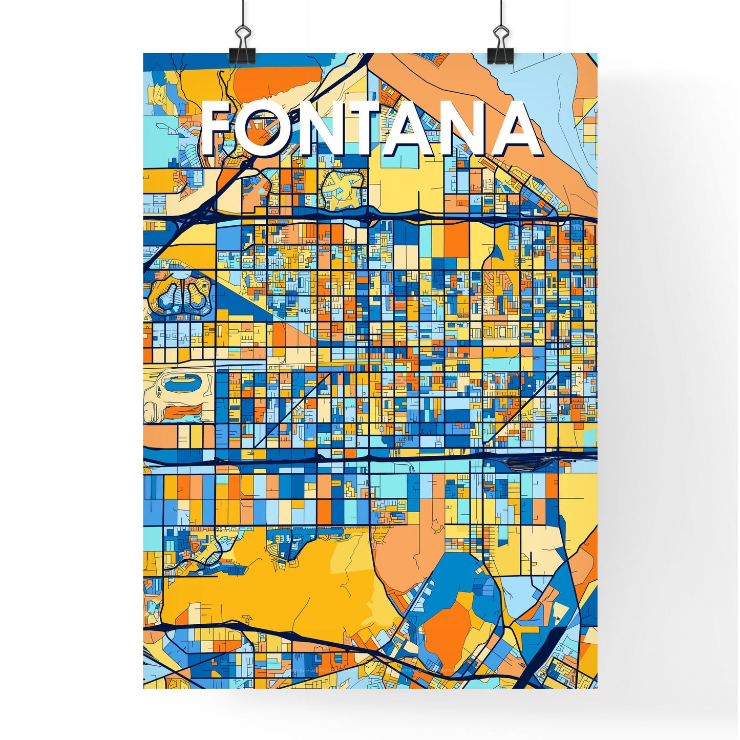 FONTANA CALIFORNIA Vibrant Colorful Art Map Poster Blue Orange